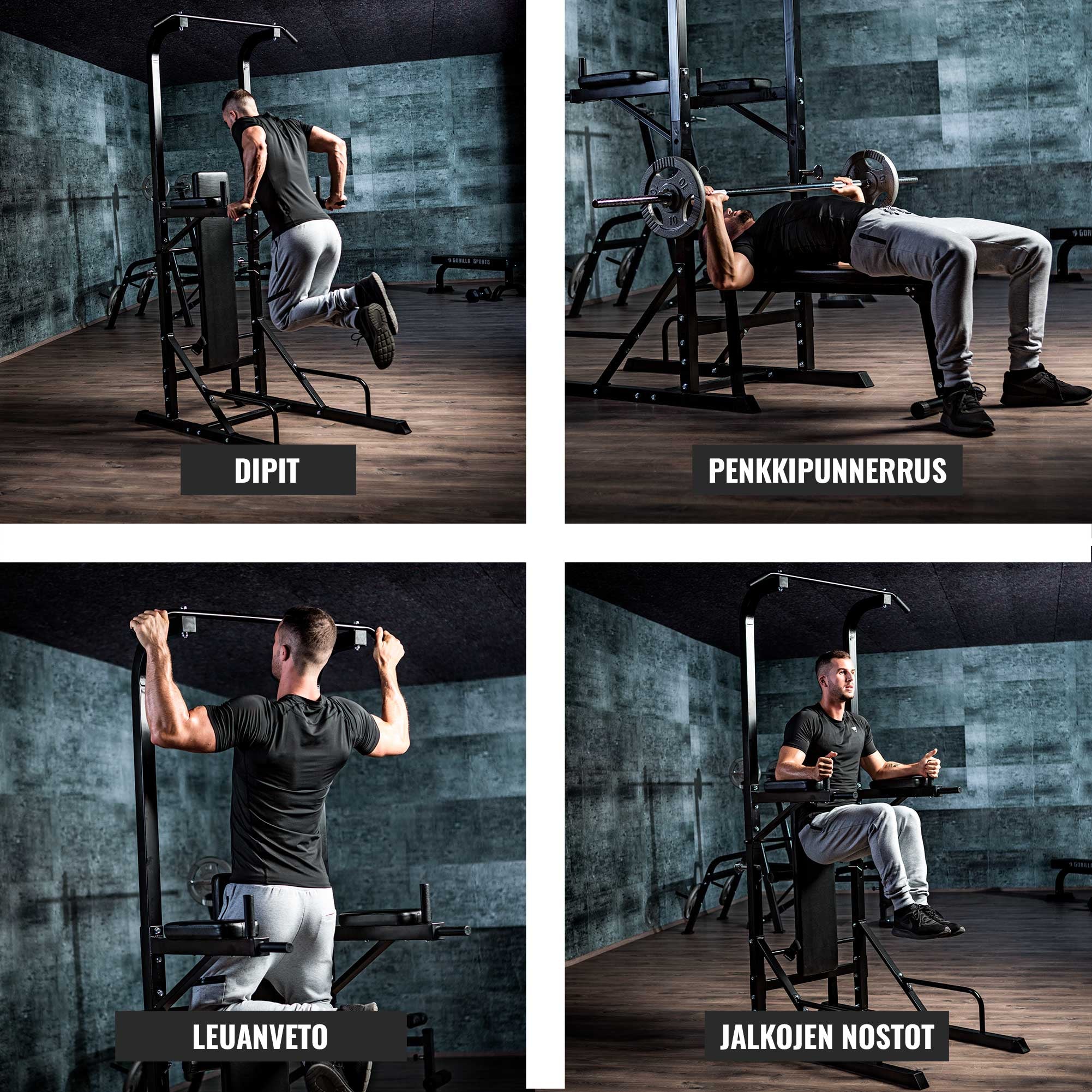 Monipuolinen Power Tower / Voimatorni Penkillä  203x74x222cm Musta