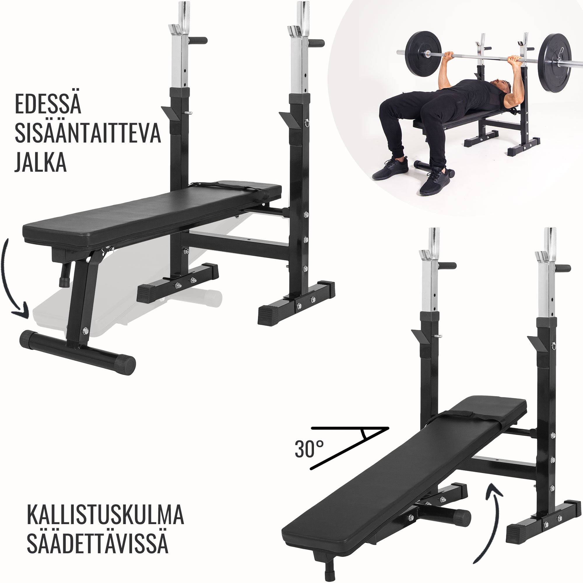 Säädettävä Painonnostopenkki Musta + Vinyylinen Levytankosarja 100kg