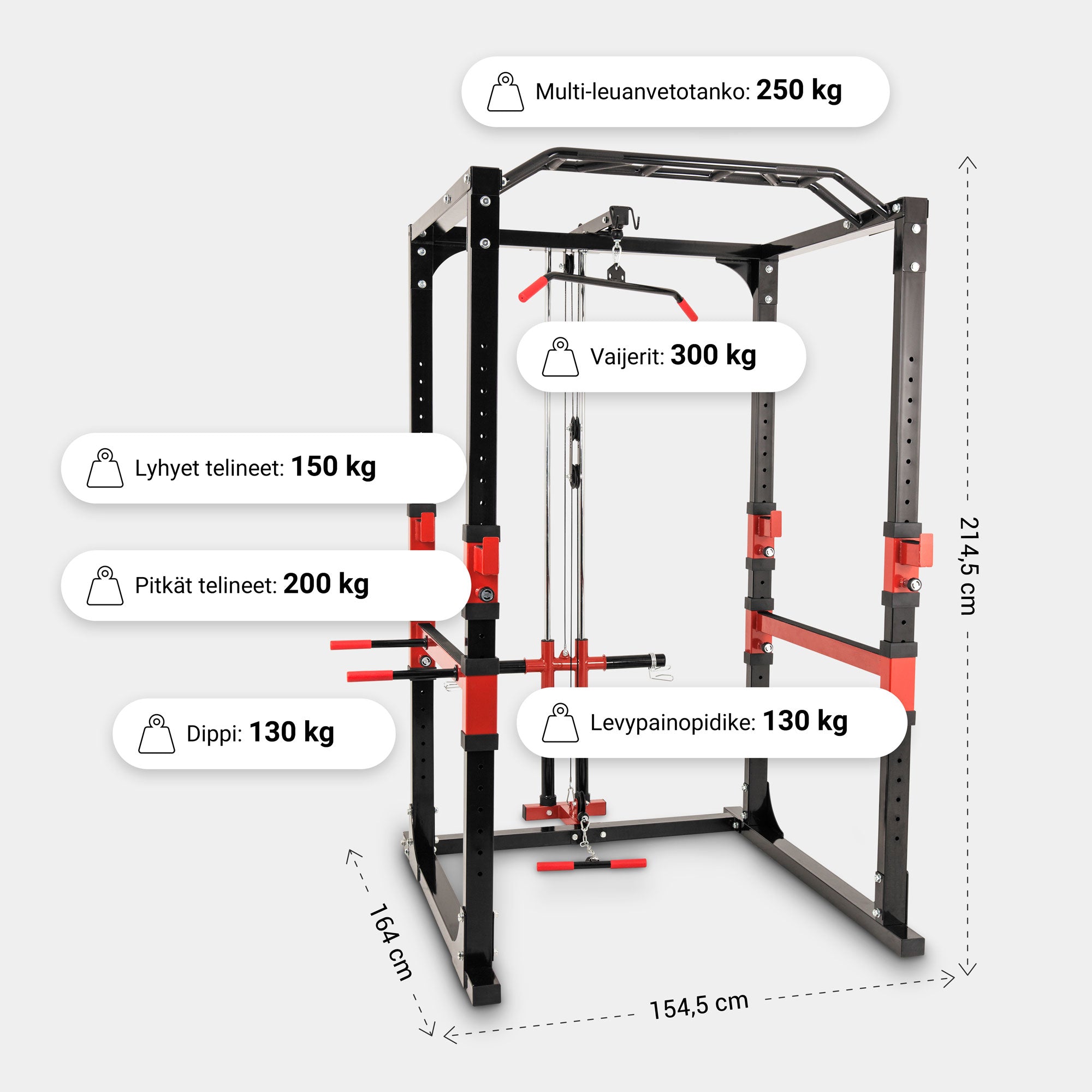 Power Rack / Kyykkyhäkki Ala- ja Ylätaljalla – Leuanvetotanko & Dippikahvat, Musta/Punainen