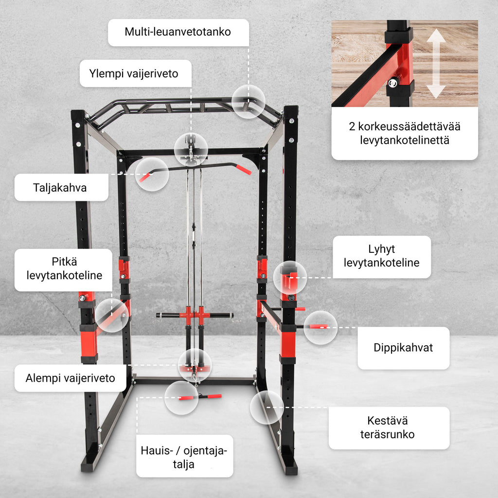 Power Rack / Kyykkyhäkki Ala- ja Ylätaljalla – Leuanvetotanko & Dippikahvat, Musta/Punainen