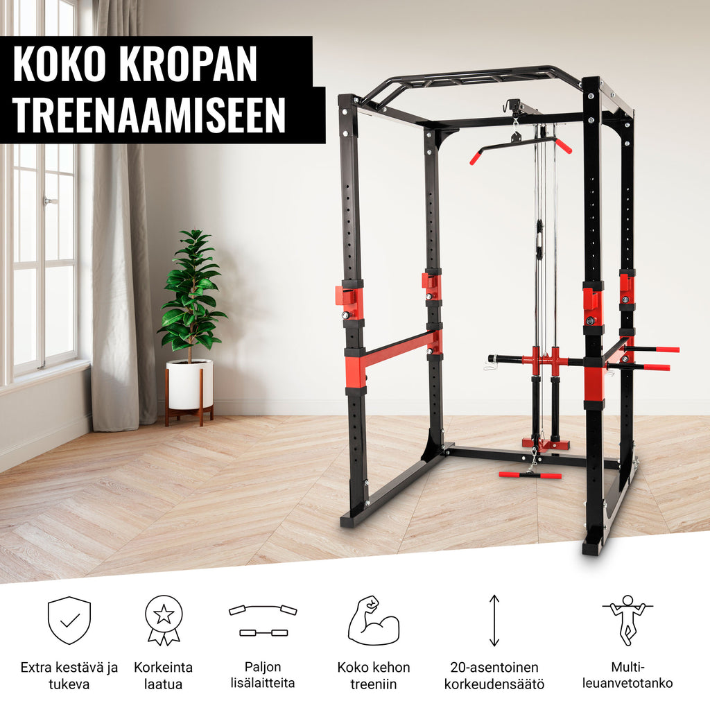 Power Rack / Kyykkyhäkki Ala- ja Ylätaljalla – Leuanvetotanko & Dippikahvat, Musta/Punainen