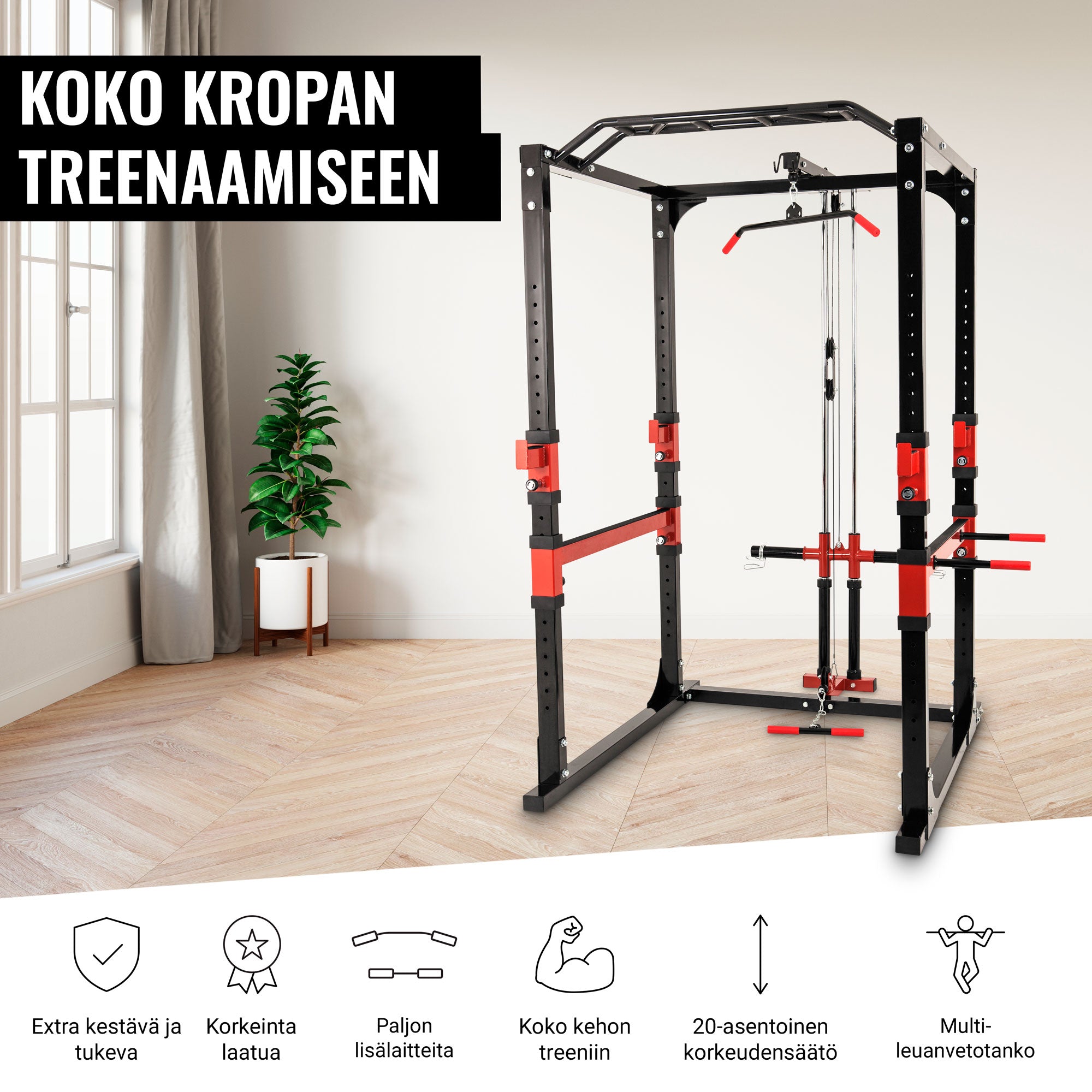 Power Rack / Kyykkyhäkki Ala- ja Ylätaljalla – Leuanvetotanko & Dippikahvat, Musta/Punainen