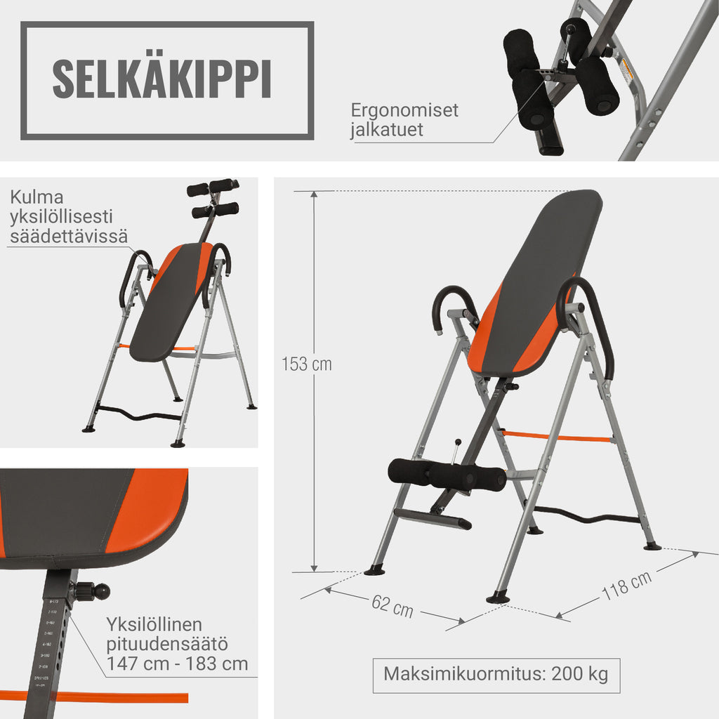 Selkäkippi / Inversiopenkki Säädettävä 98x65,5x152,5cm Harmaa/Musta