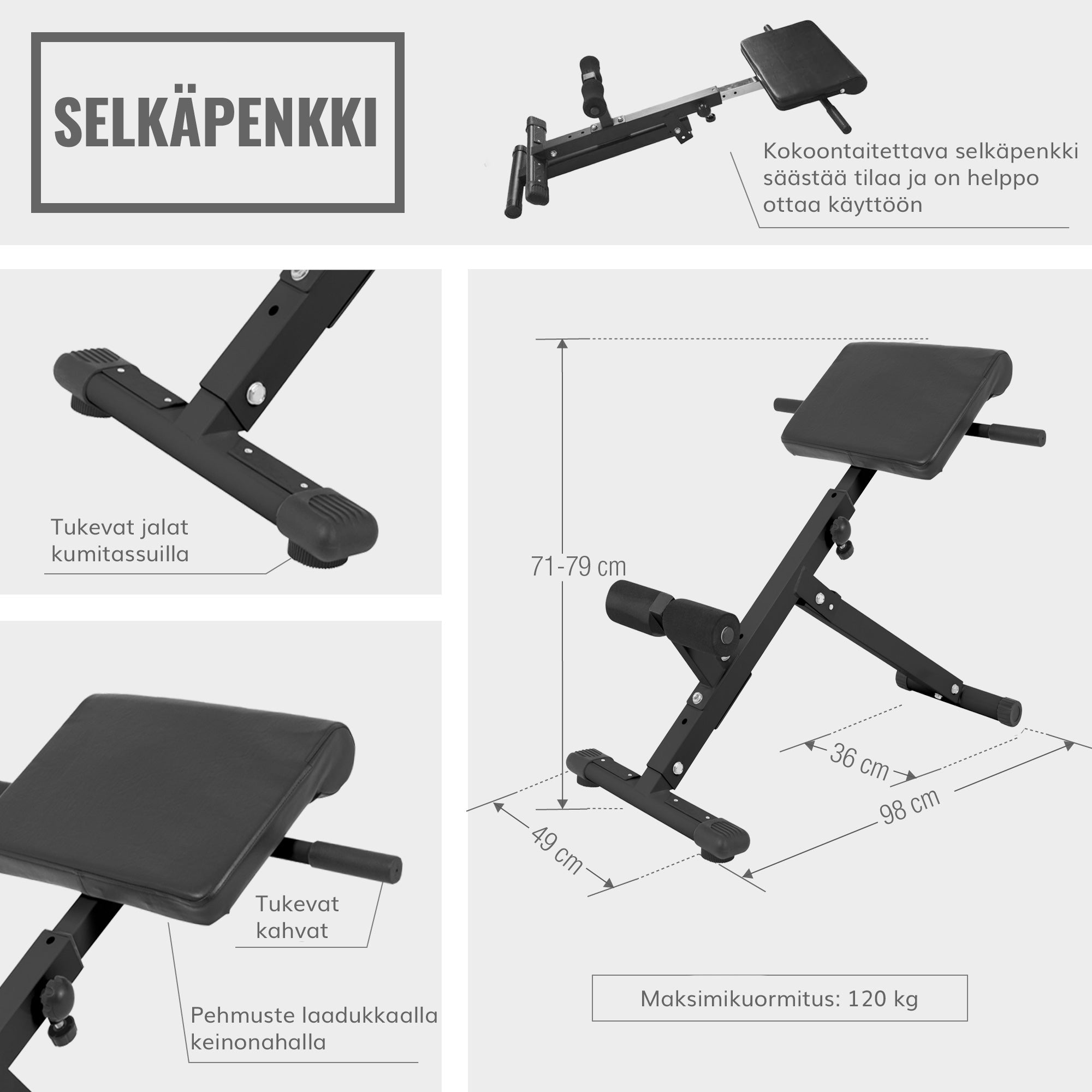 Selkäpenkki / Selkälihaslaite Taitettava Säädettävä 98x49x71-79cm Black Edition