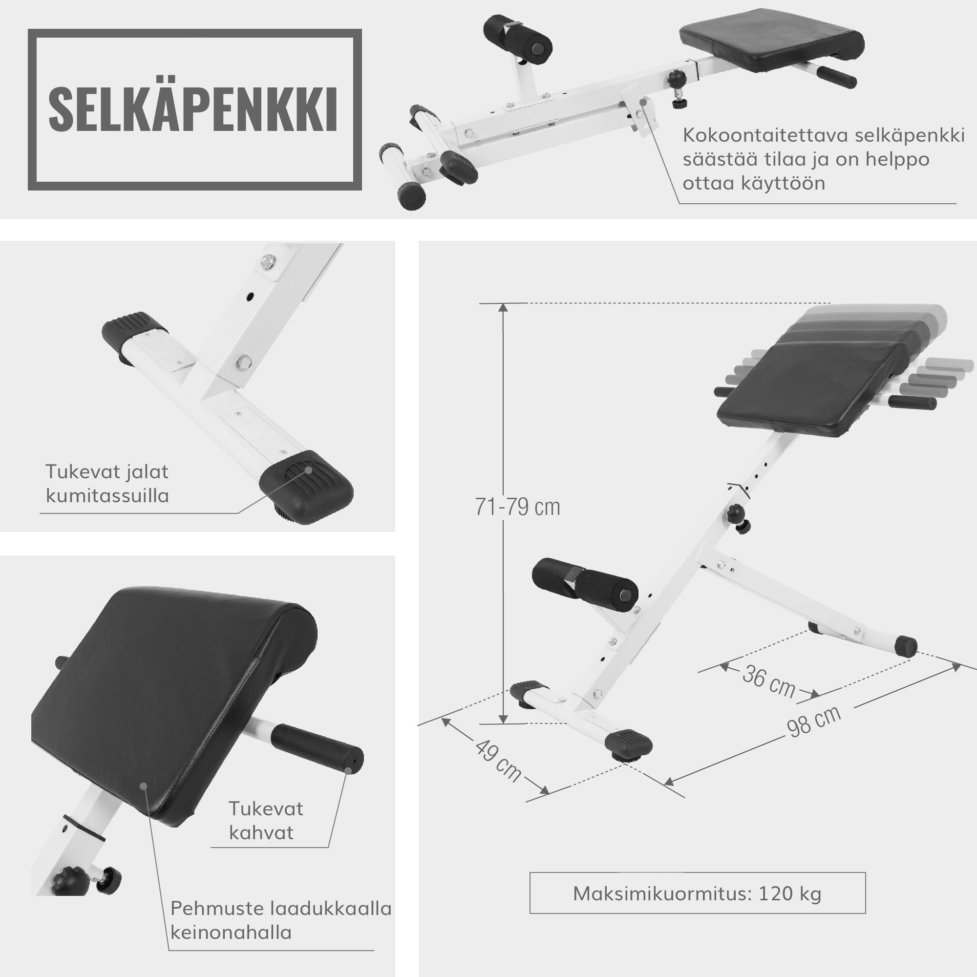 Selkäpenkki / Selkälihaslaite Taitettava Säädettävä 98x49x71-79cm Valkoinen
