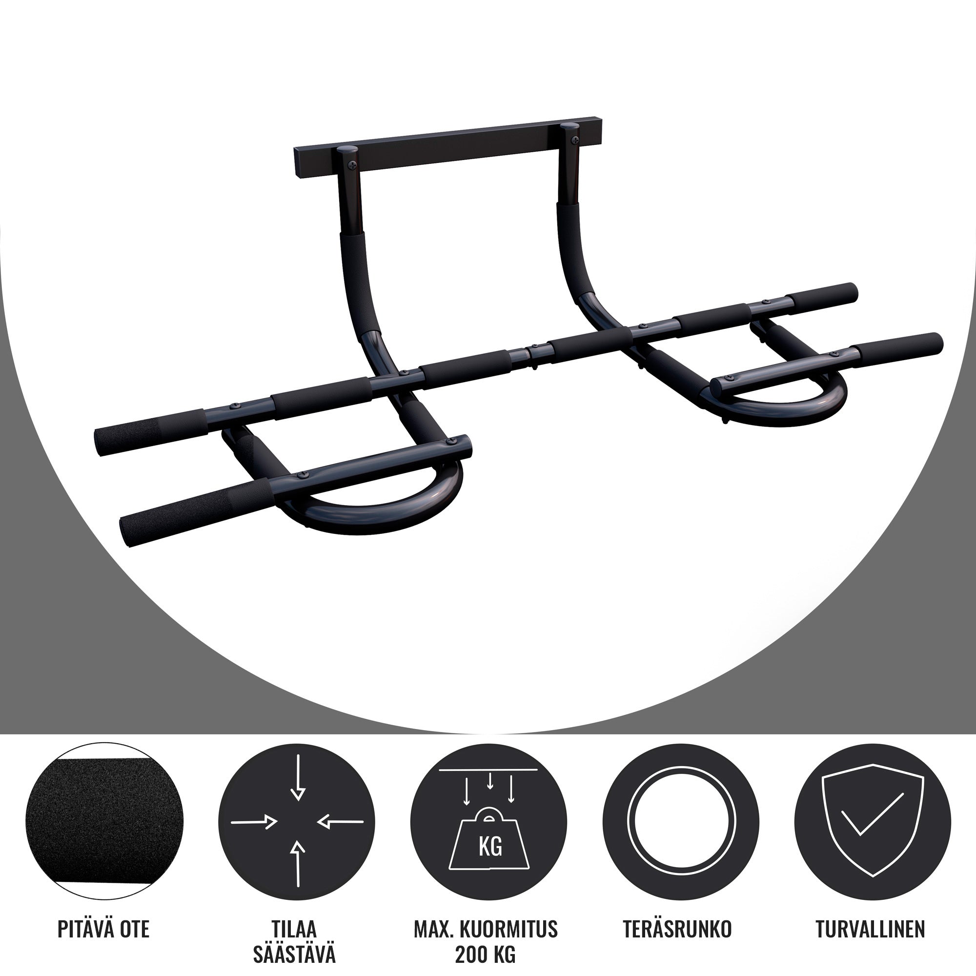 Säädettävä Vatsalihaspenkki + Rekkitanko 5in1 / Leuanvetotanko Oveen Pehmustetuilla Kahvoilla