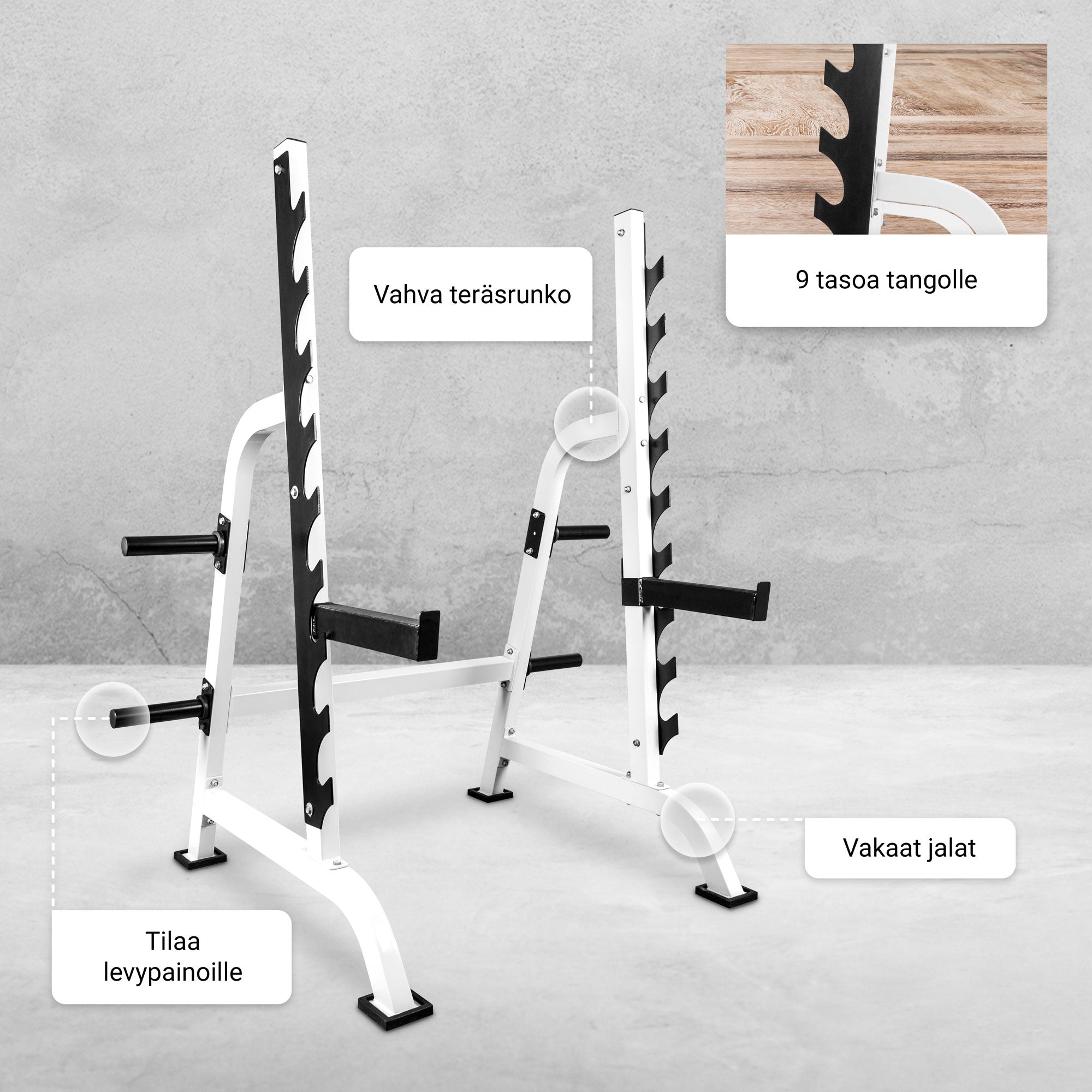 Squat Rack / Kyykkyräkki Musta – 9 Tangon Korkeutta, Turvaraudat ja Levypainotelineet