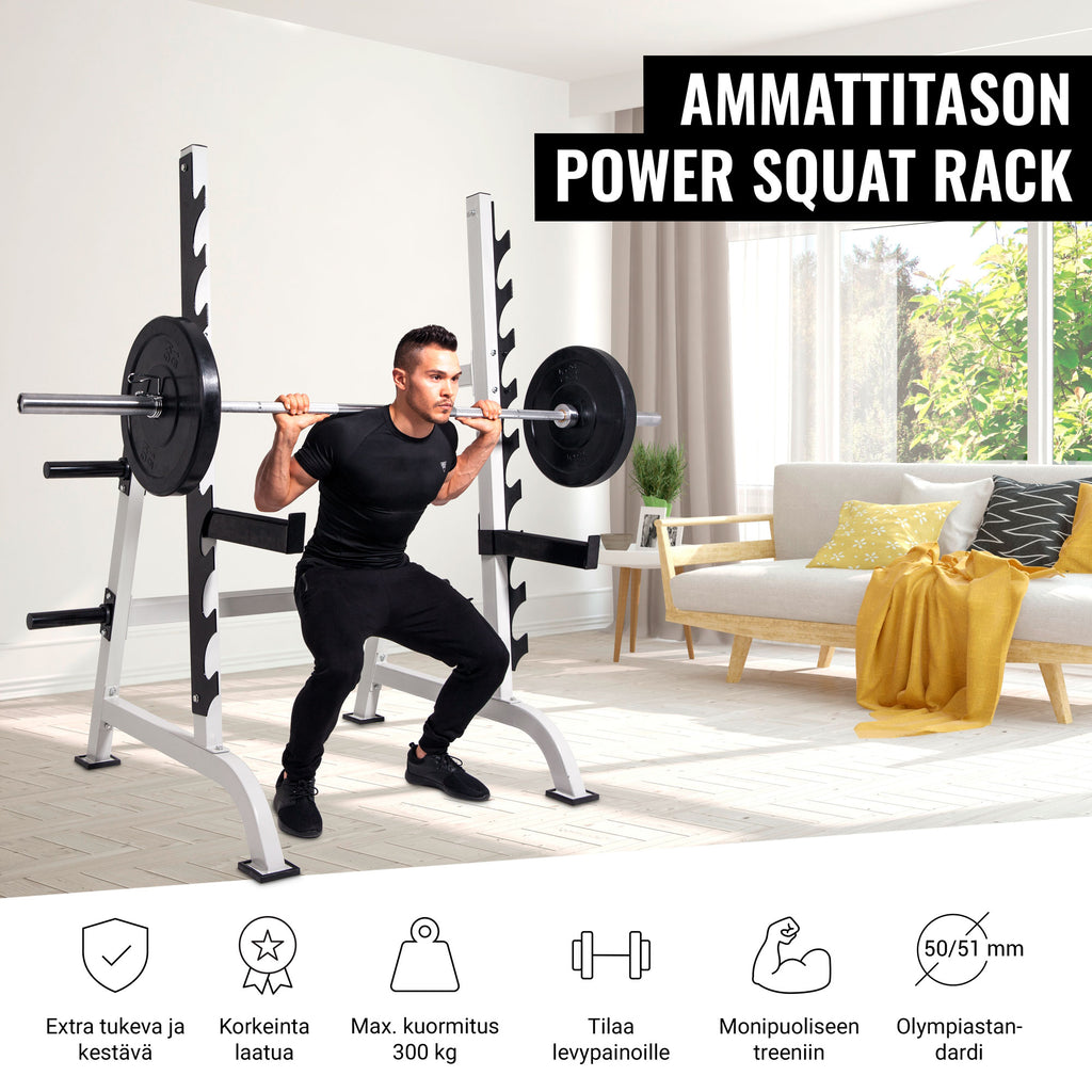 Squat Rack / Kyykkyräkki Musta – 9 Tangon Korkeutta, Turvaraudat ja Levypainotelineet