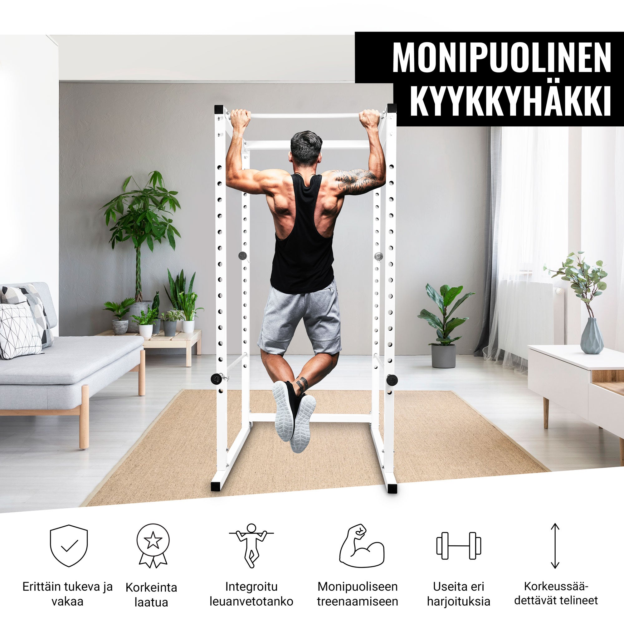 Kyykkyhäkki / Power Rack Valkoinen – Turvaraudat, Leuanvetotanko, 200 kg