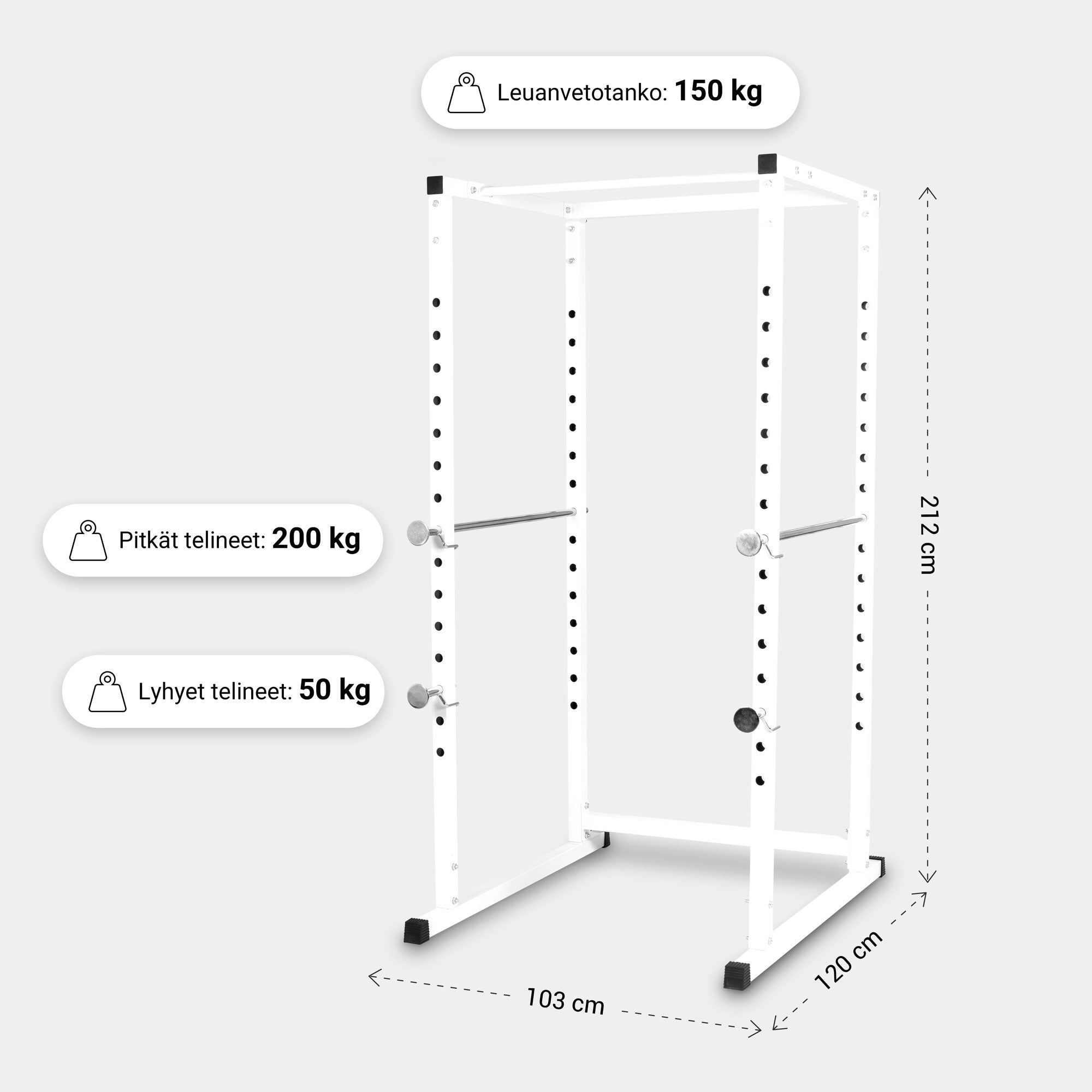 Kyykkyhäkki / Power Rack Valkoinen – Turvaraudat, Leuanvetotanko, 200 kg