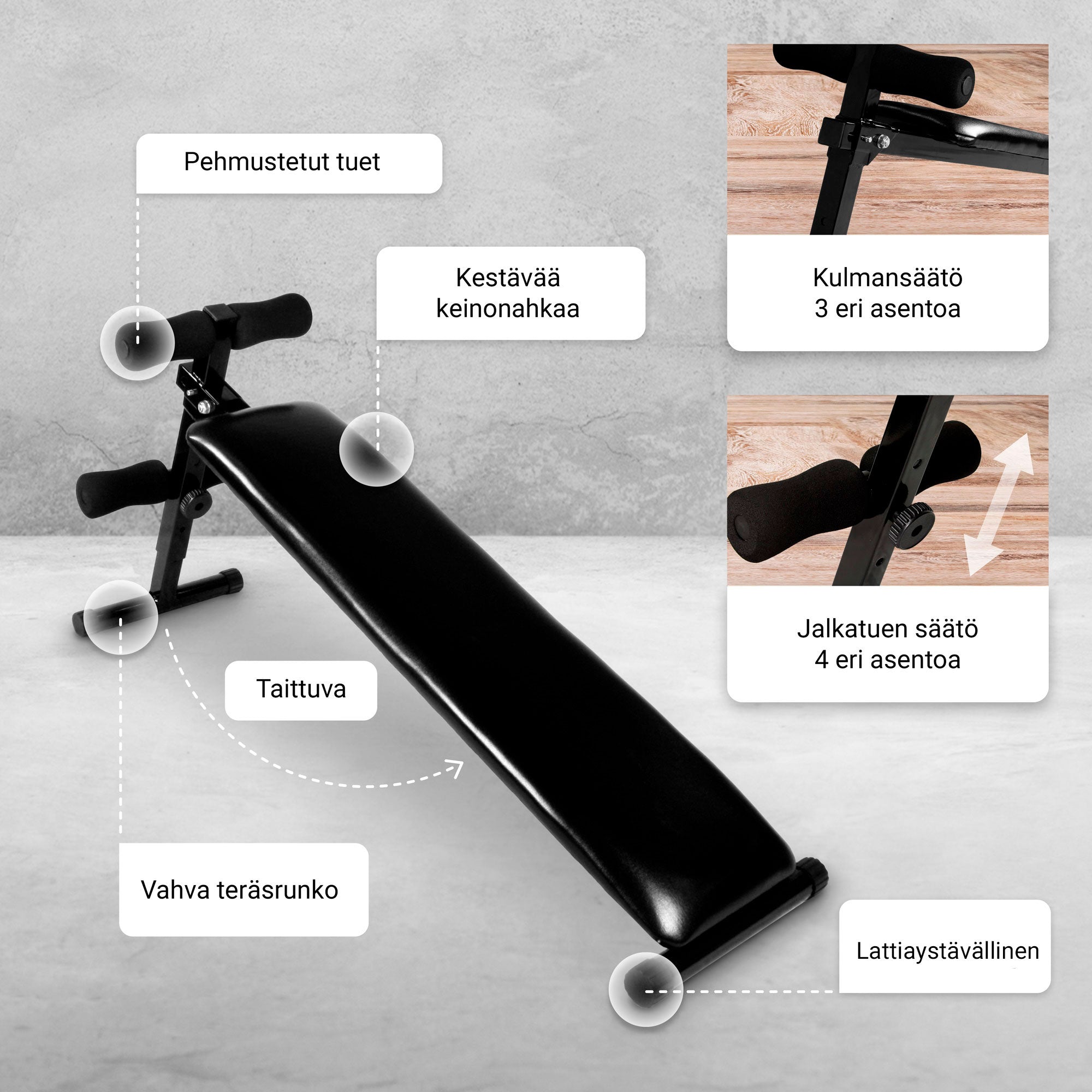 Säädettävä Vatsalihaspenkki + Rekkitanko 5in1 / Leuanvetotanko Oveen Pehmustetuilla Kahvoilla