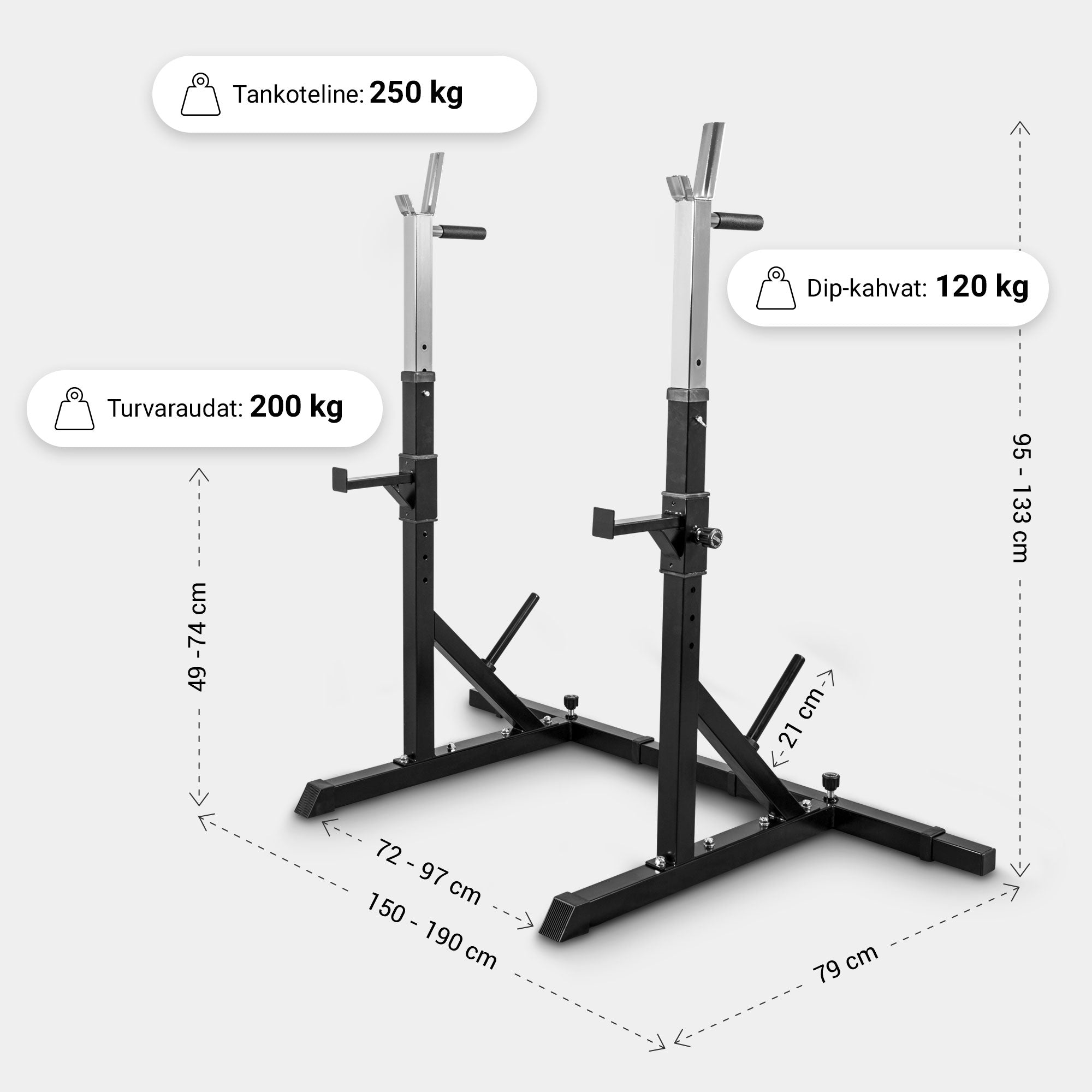 Säädettävä Kyykkyteline – Squat Rack Dippikahvoilla ja Turvaraudoilla, 250 kg