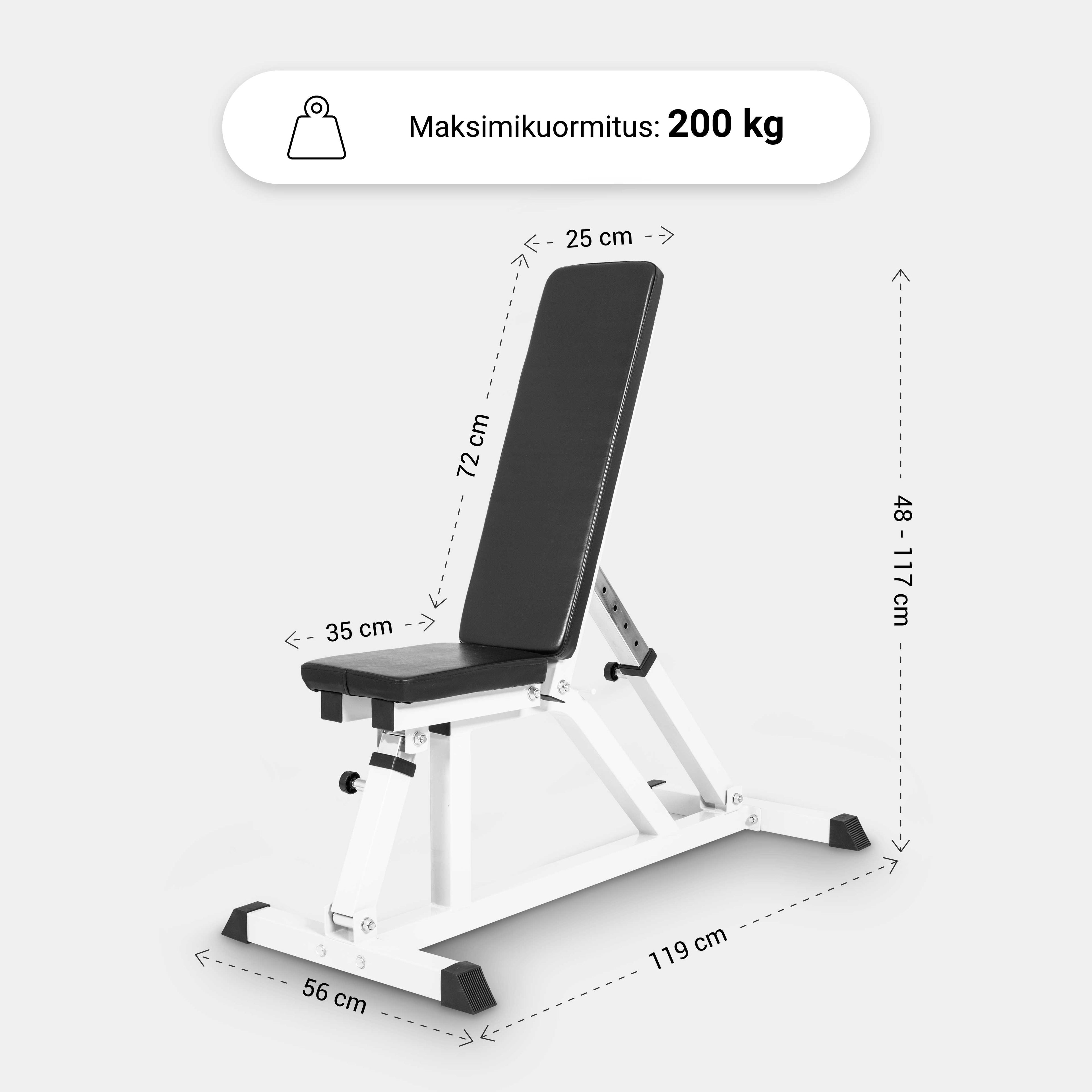 Säädettävä Vinopenkki / Treenipenkki 119x56x48-117cm Max. 200kg Valkoinen