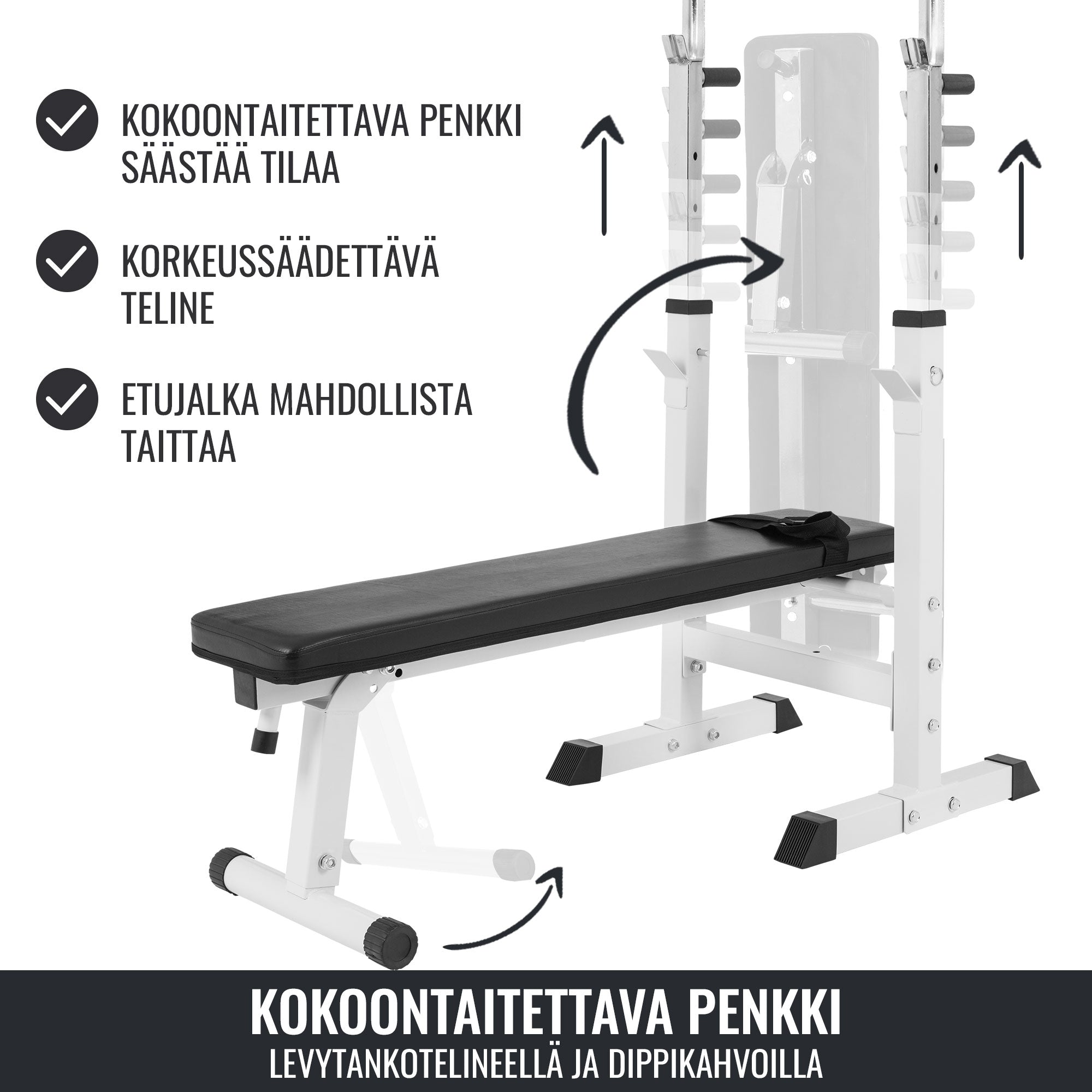 Säädettävä Punnerruspenkki Dippikahvoilla 118x54,5x92-112cm Max. 200kg Valkoinen