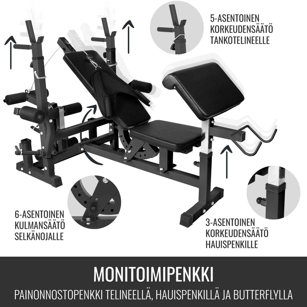 Säädettävä Monitoimipenkki / Painonnostopenkki Ø 30/31mm Levypainoille Max. 280kg Black Edition