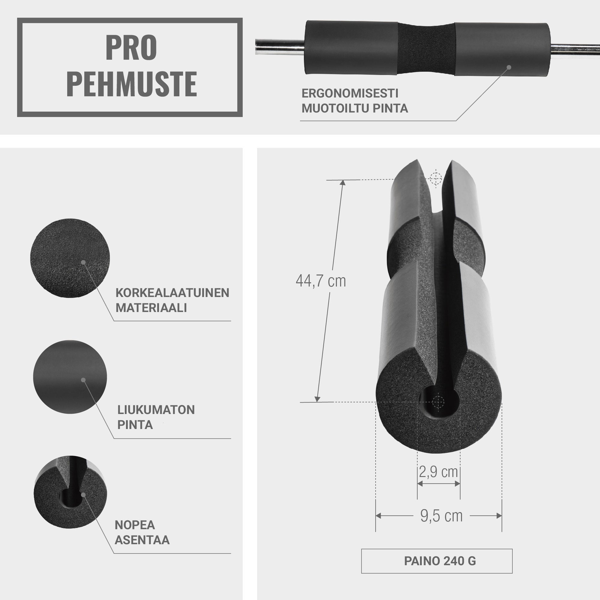 PRO Levytankopehmuste Lantionnostoon / Barbell Pad 44,7x9,5cm Vaahtomuovi Musta