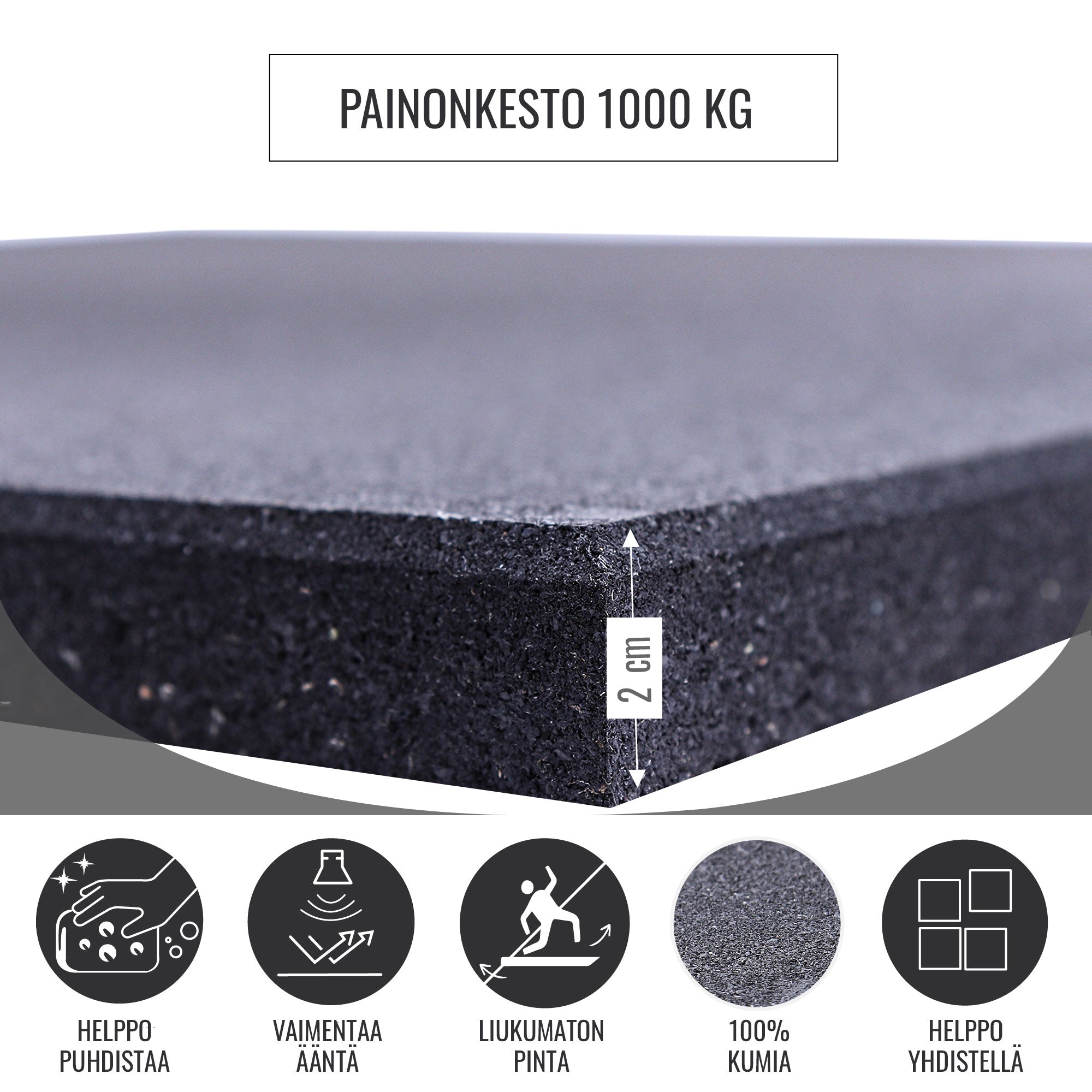 Suojamatto / Kumimatto 50x50x2cm, 18kg, Max. 1000kg Musta 4kpl