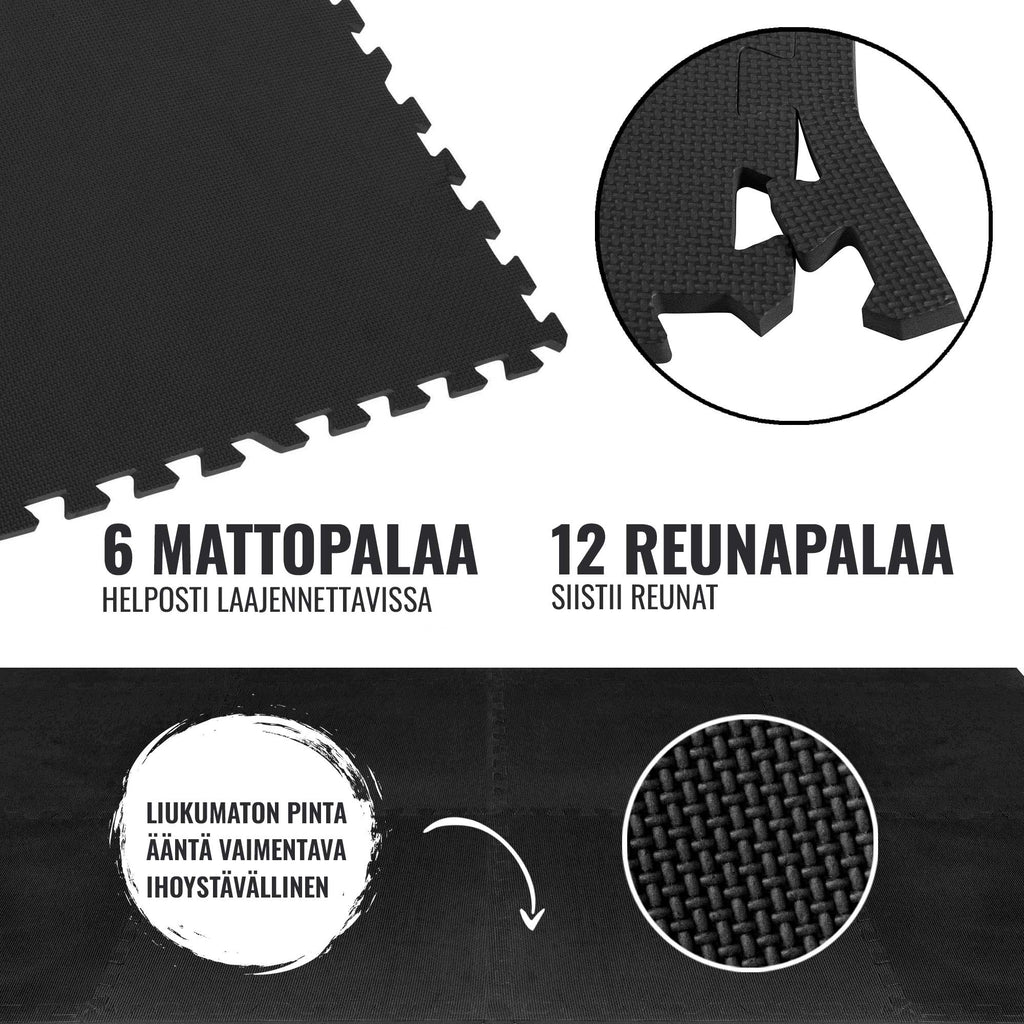 Suojamatto / Palamatto, 6 Palaa + 12 Reunapalaa 60x60x1,2cm EVA-Vaahtomuovi Musta