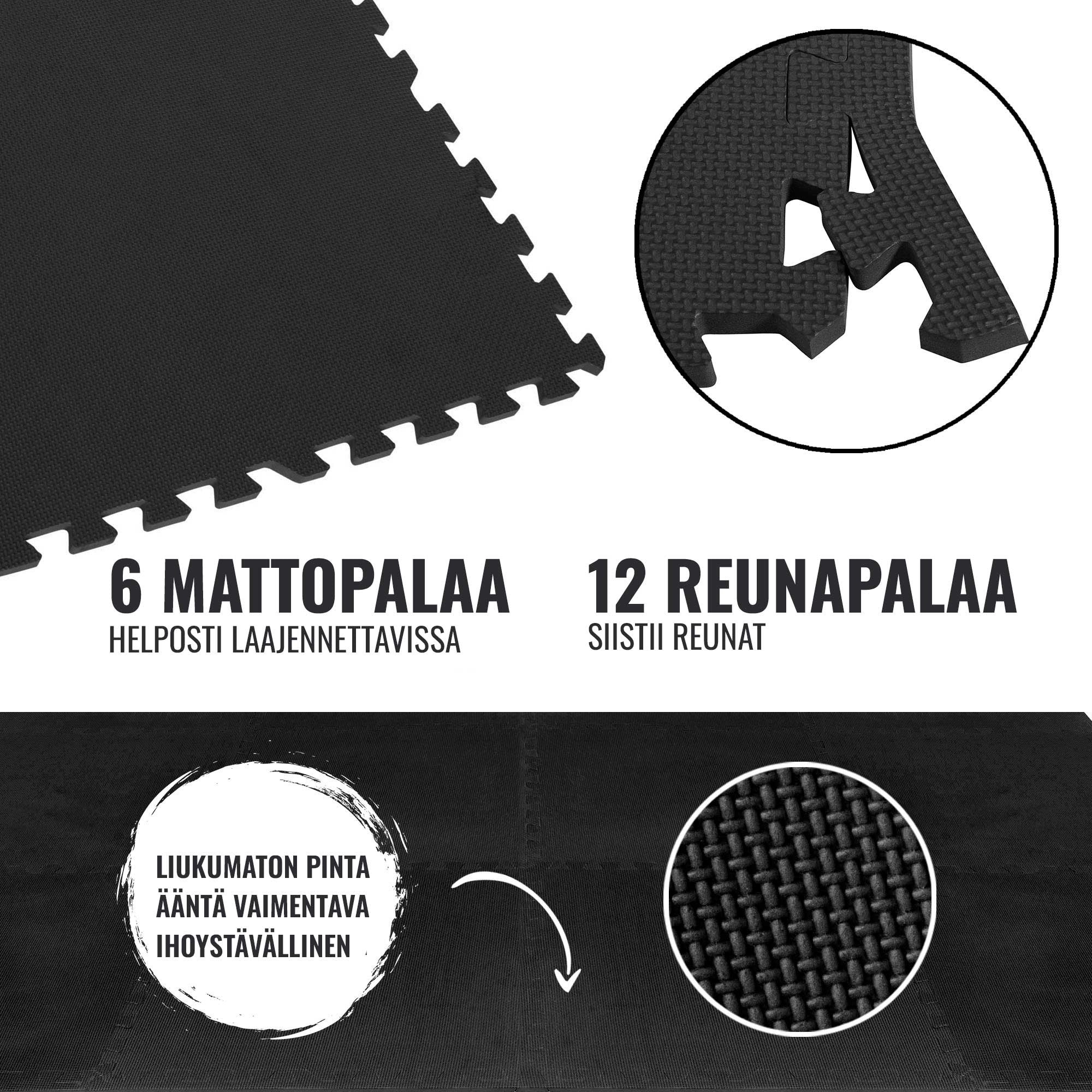 Suojamatto / Palamatto, 6 Palaa + 12 Reunapalaa 60x60x1,2cm EVA-Vaahtomuovi Musta