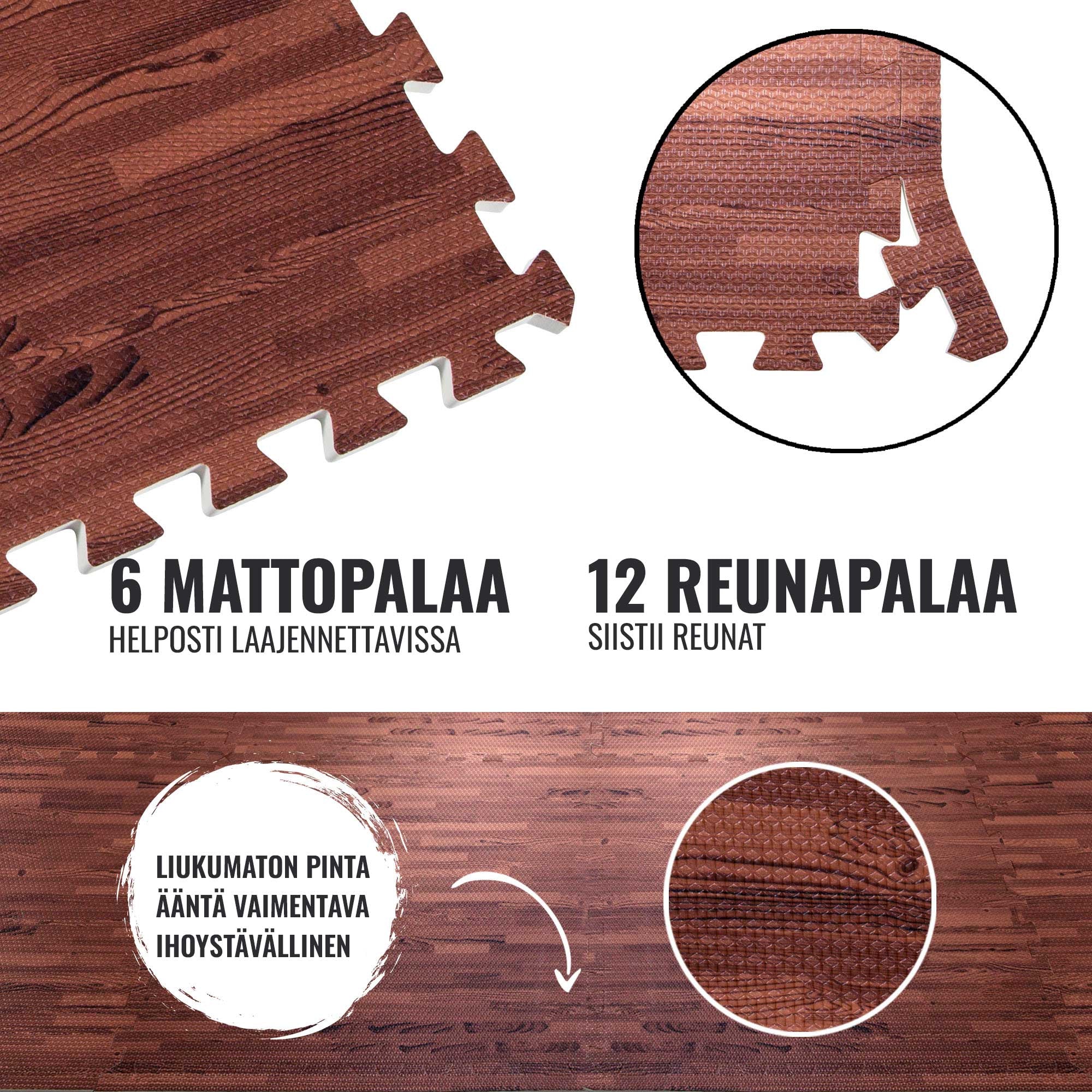 Suojamatto / Palamatto, 6 Palaa + 12 Reunapalaa 60x60x1,2cm EVA-Vaahtomuovi Tumma Puukuosi