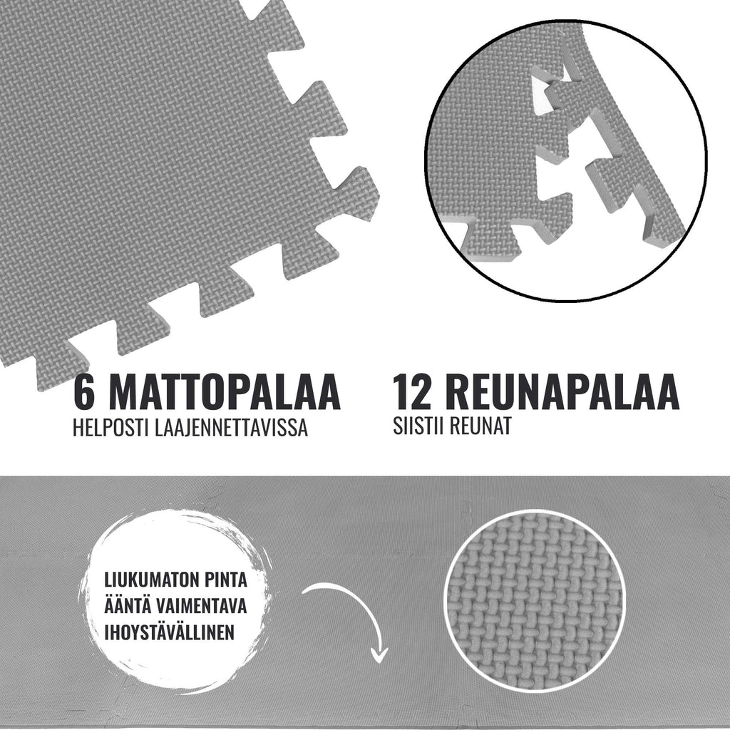 Suojamatto / Palamatto, 6 Palaa + 12 Reunapalaa 60x60x1,2cm EVA-Vaahtomuovi Harmaa