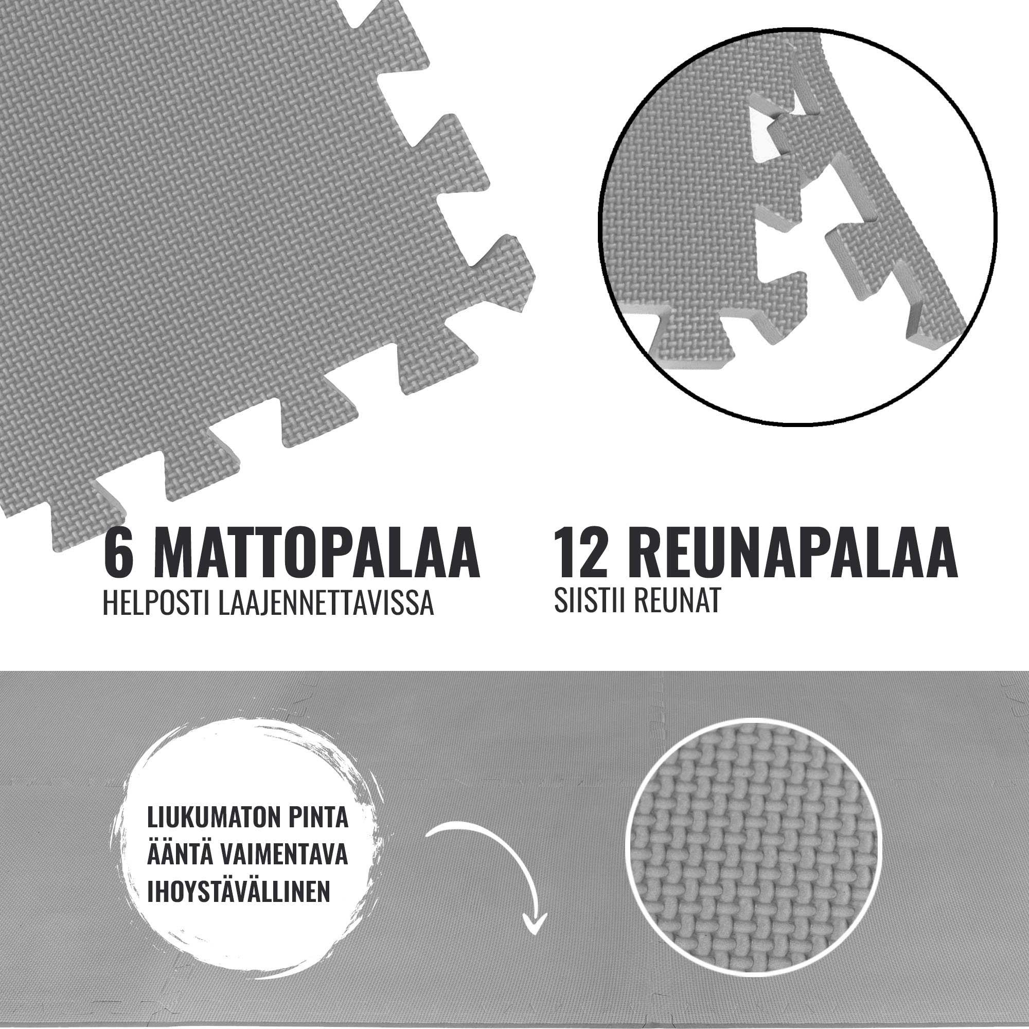 Suojamatto / Palamatto, 6 Palaa + 12 Reunapalaa 60x60x1,2cm EVA-Vaahtomuovi Harmaa