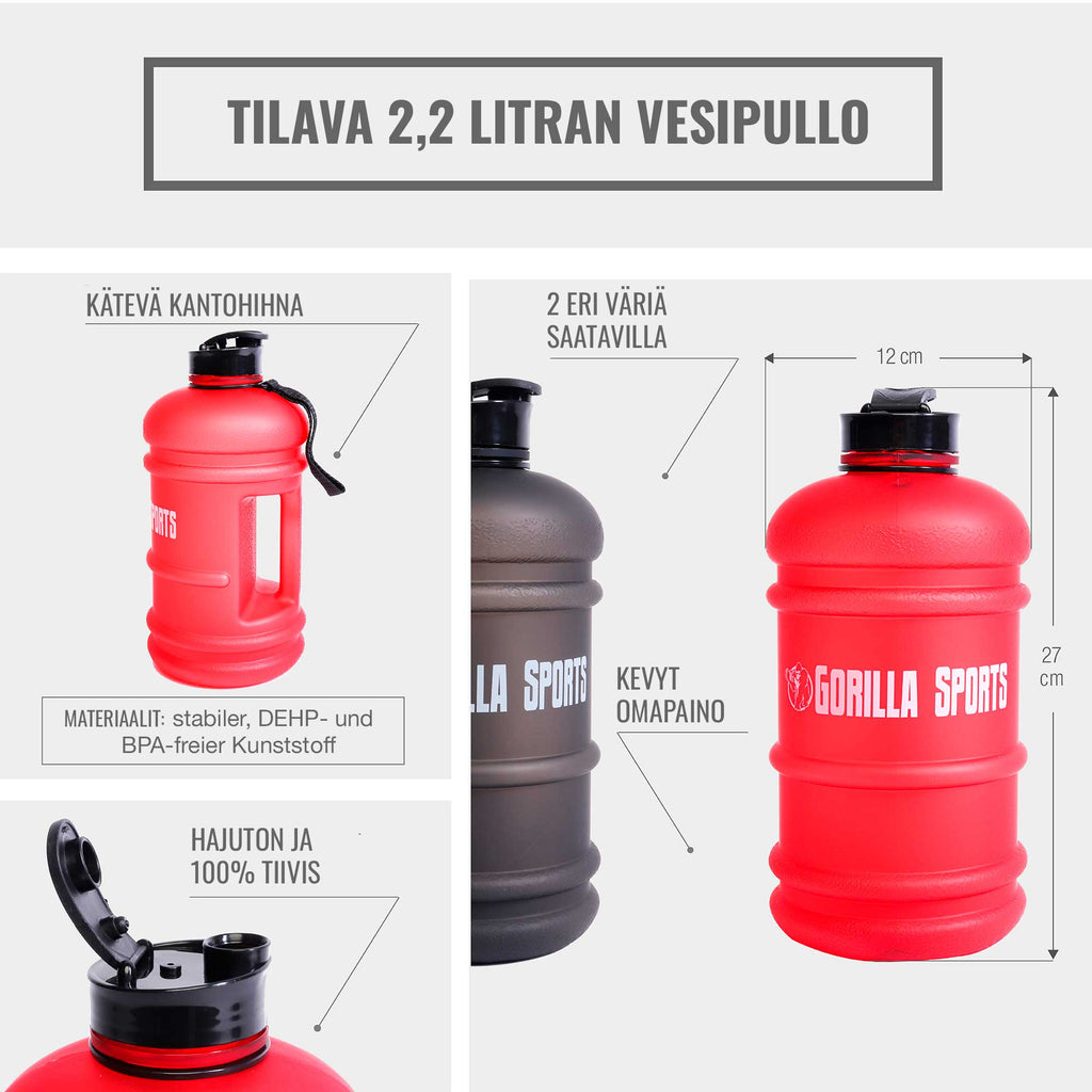 Juomapullo / Water Jug -Pullo 2.2 Litraa, 27x12cm, 100% BPA-vapaa, Musta/Punainen