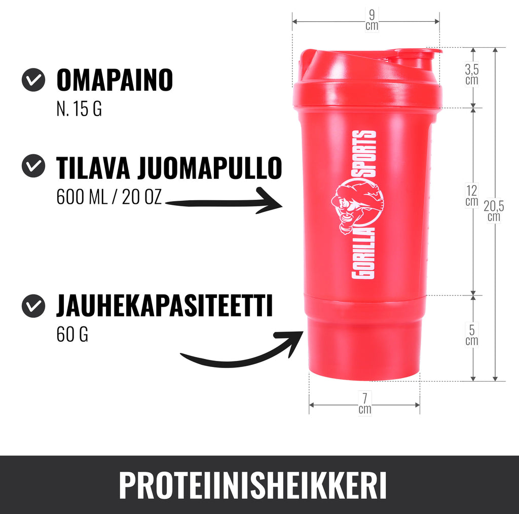 Gorilla Sports Shaker Lokerolla 500ml, 20.5x10cm, 100% BPA/DEHP-vapaa, Musta/Punainen