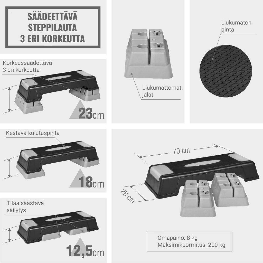 Steppilauta S, Korkeussäädettävä, Harmaa/Musta, 70x 28x12,5cm
