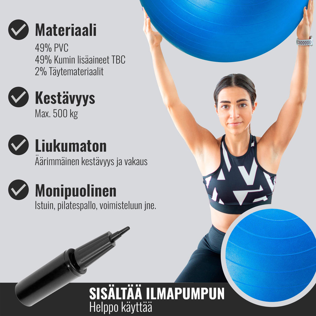 Jumppapallo 75cm, Harjoituspallo ja Pumppu, Useita Värejä