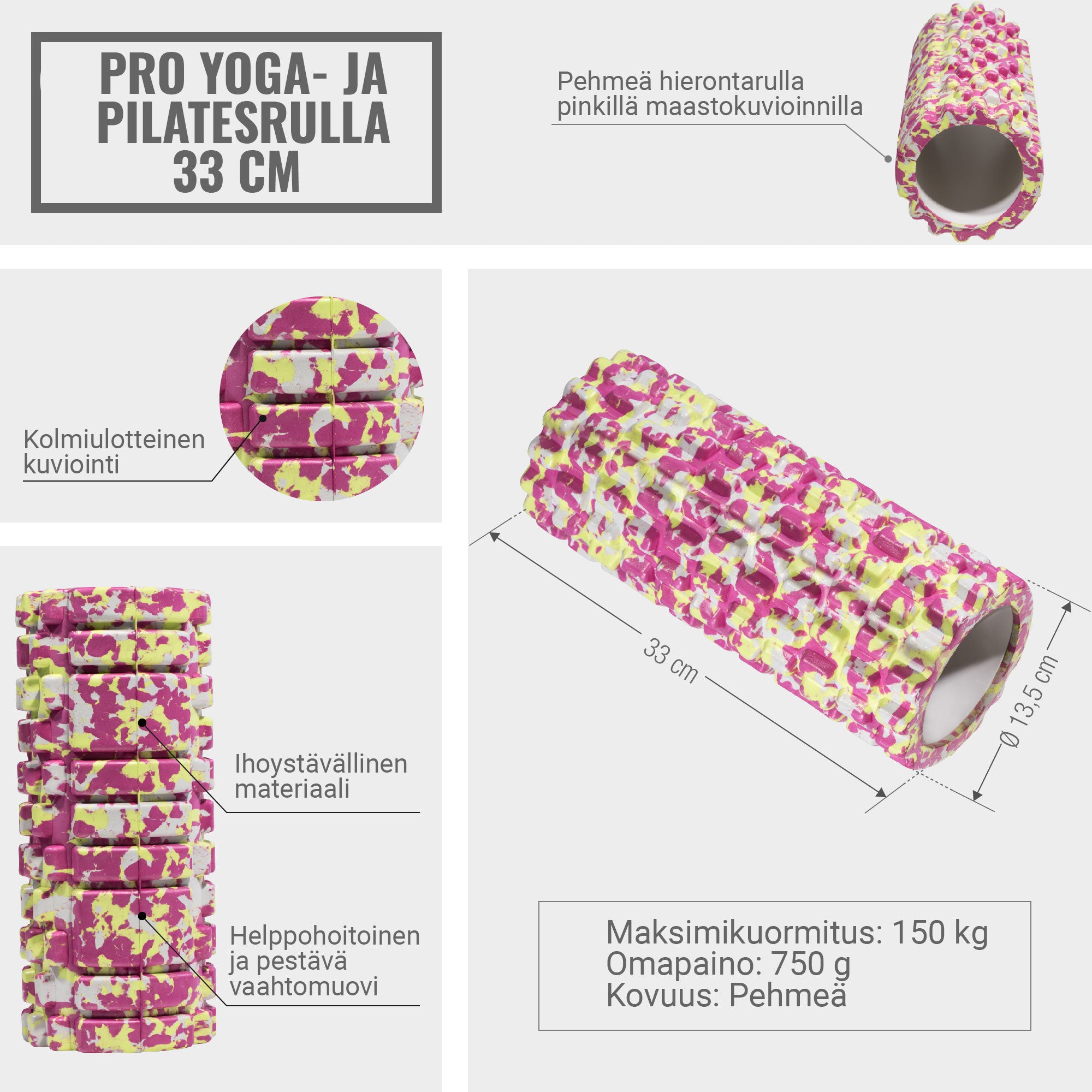 Foam Roller, Hierontarulla, Pinkki Camo, 33x13cm
