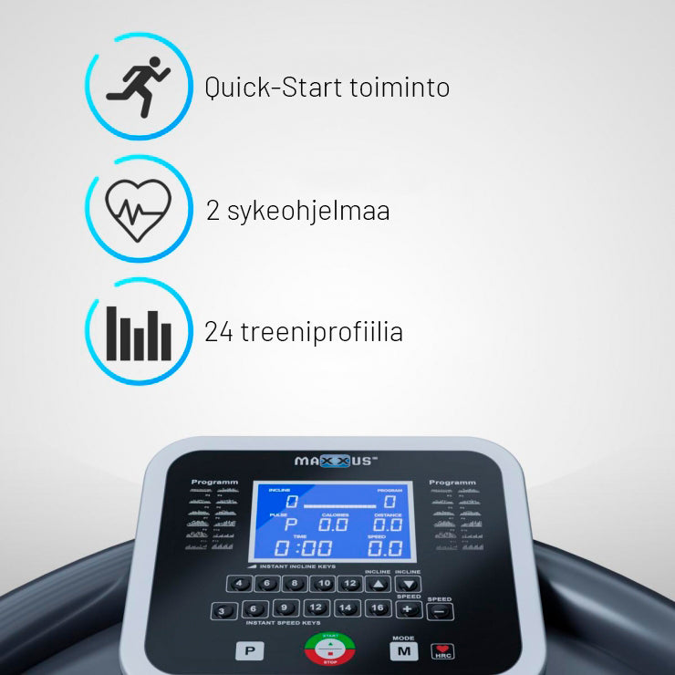 Juoksumatto MAXXUS 7.3 – Kokoontaitettava, 18 km/h, max. 130 kg, LED-Näyttö, Vaimennusjärjestelmä