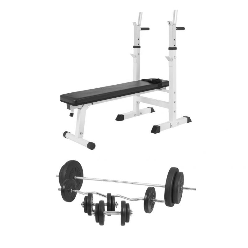 Säädettävä Painonnostopenkki Valkoinen + Vinyylinen Levytankosarja 100kg