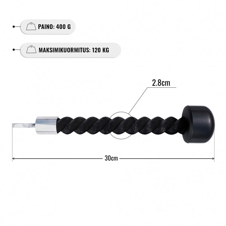 Yhden Käden Taljaköysi 30cm, 400g, Max. 120kg Nailon/Kumi Musta