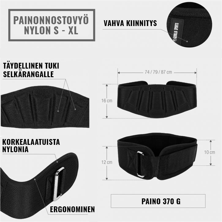 Harjoitusvyö, L 16x93-107cm, 370g Nailon Musta