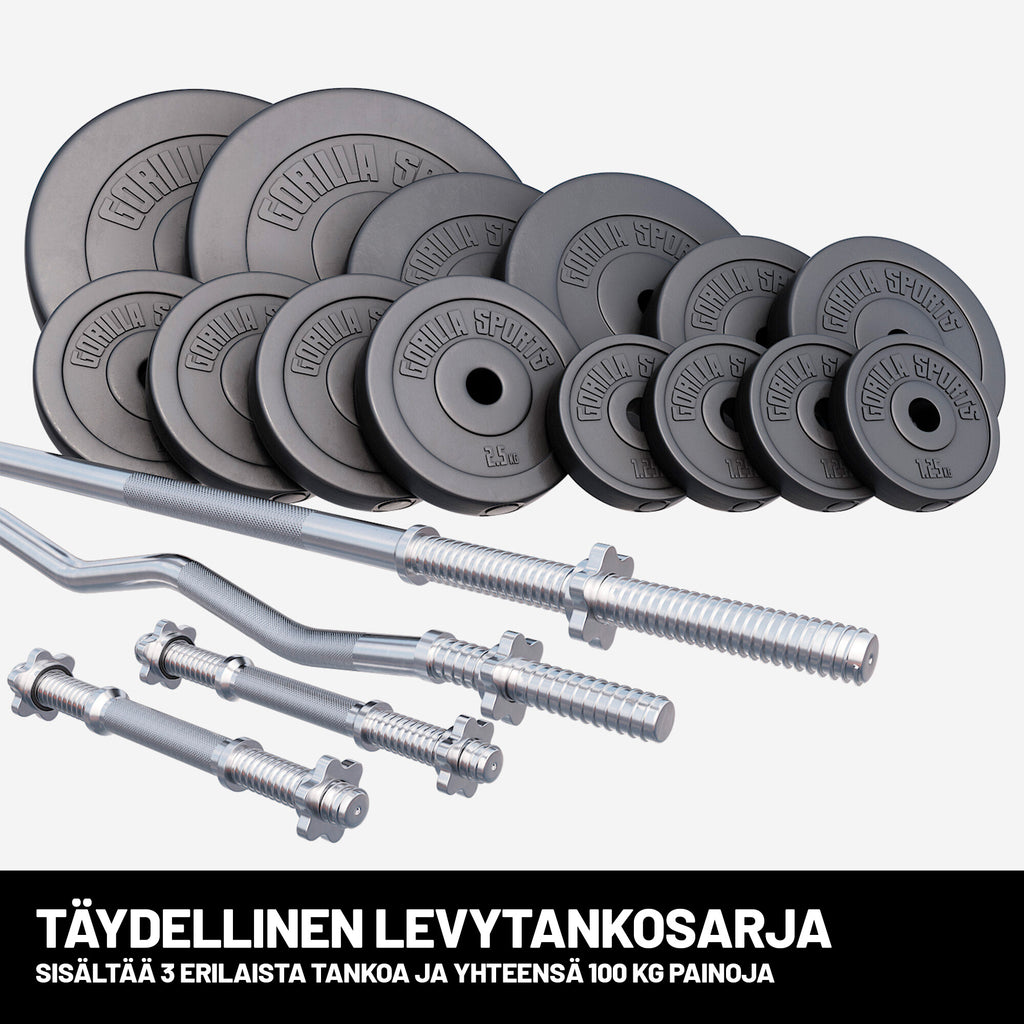 Levytankosarja 100 kg (Ø 30/31 mm) – vinyyliset levypainot + suora tanko 170 cm, EZ-tanko 120 cm & käsipainotangot 35 cm