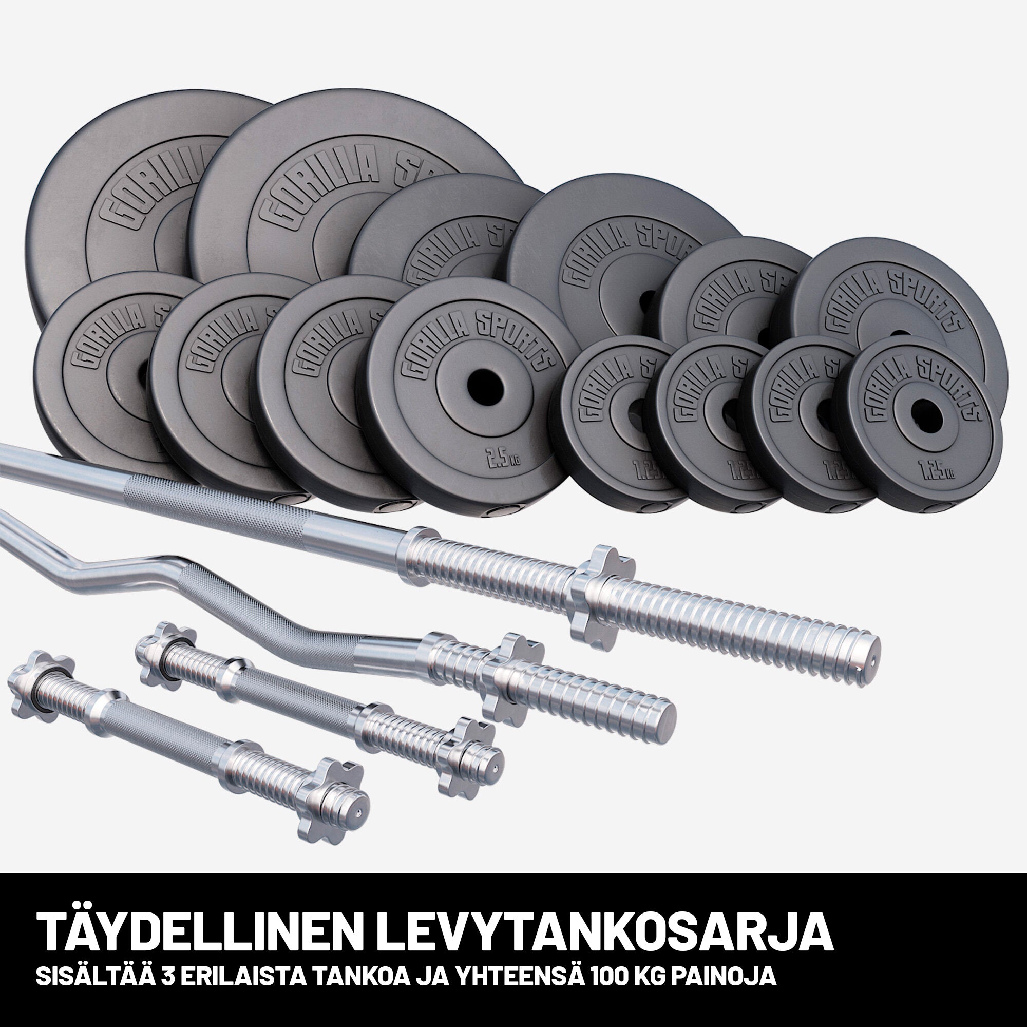 Levytankosarja 100 kg (Ø 30/31 mm) – vinyyliset levypainot + suora tanko 170 cm, EZ-tanko 120 cm & käsipainotangot 35 cm