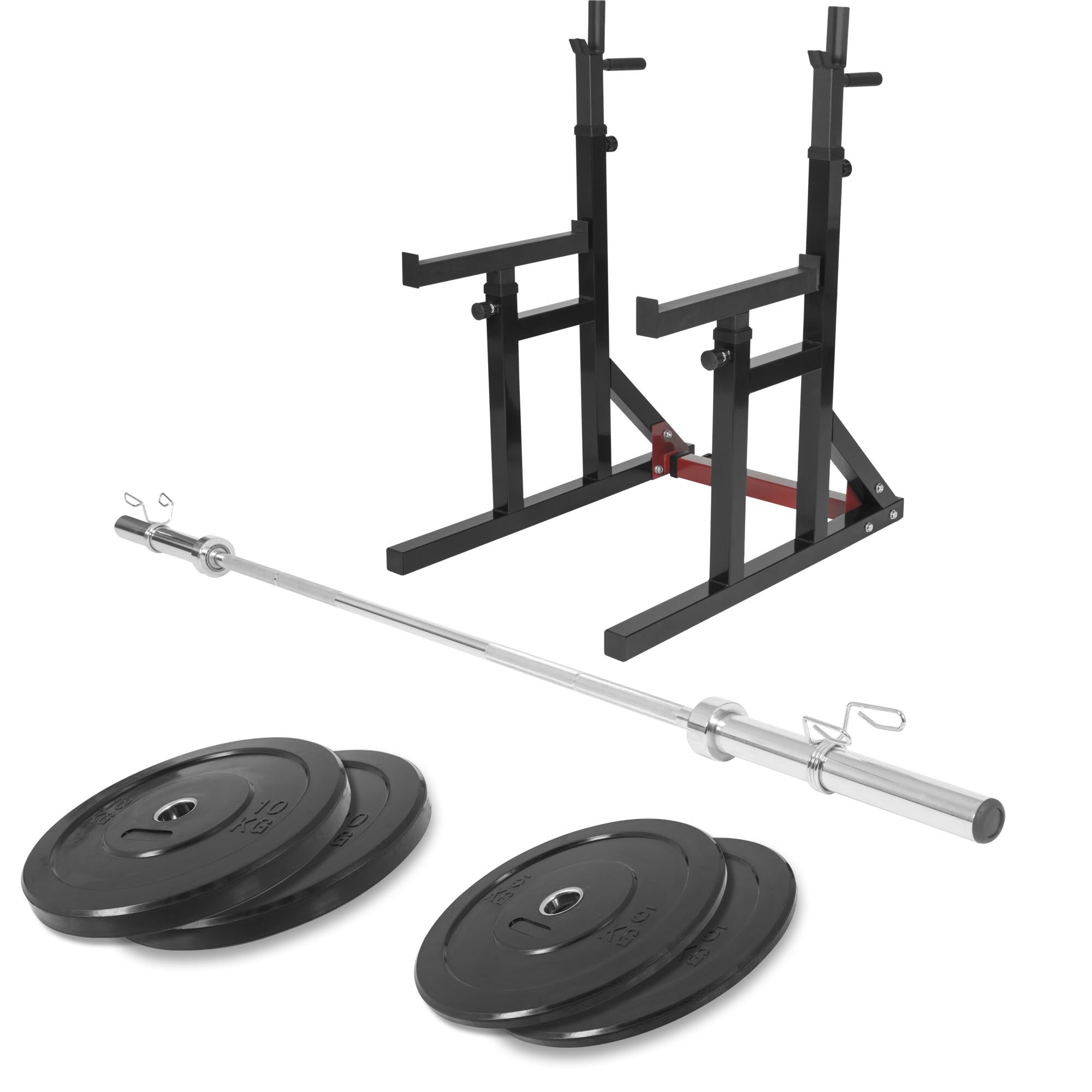 Säädettävä Kyykkyteline Varmistusraudoilla + Bumper Plate Ø 50mm Levytankosarja 46kg