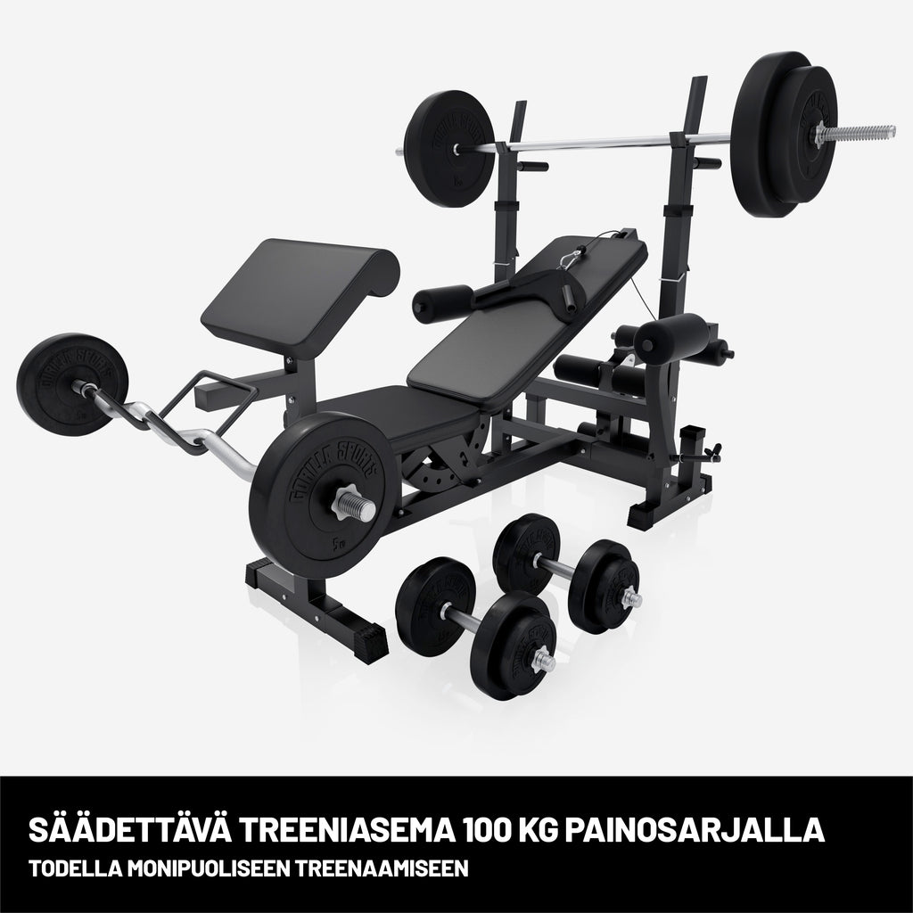 Monipuolinen Säädettävä Painonnostopenkki Black Edition + Painot Vinyylinen Levytankosarja 100kg