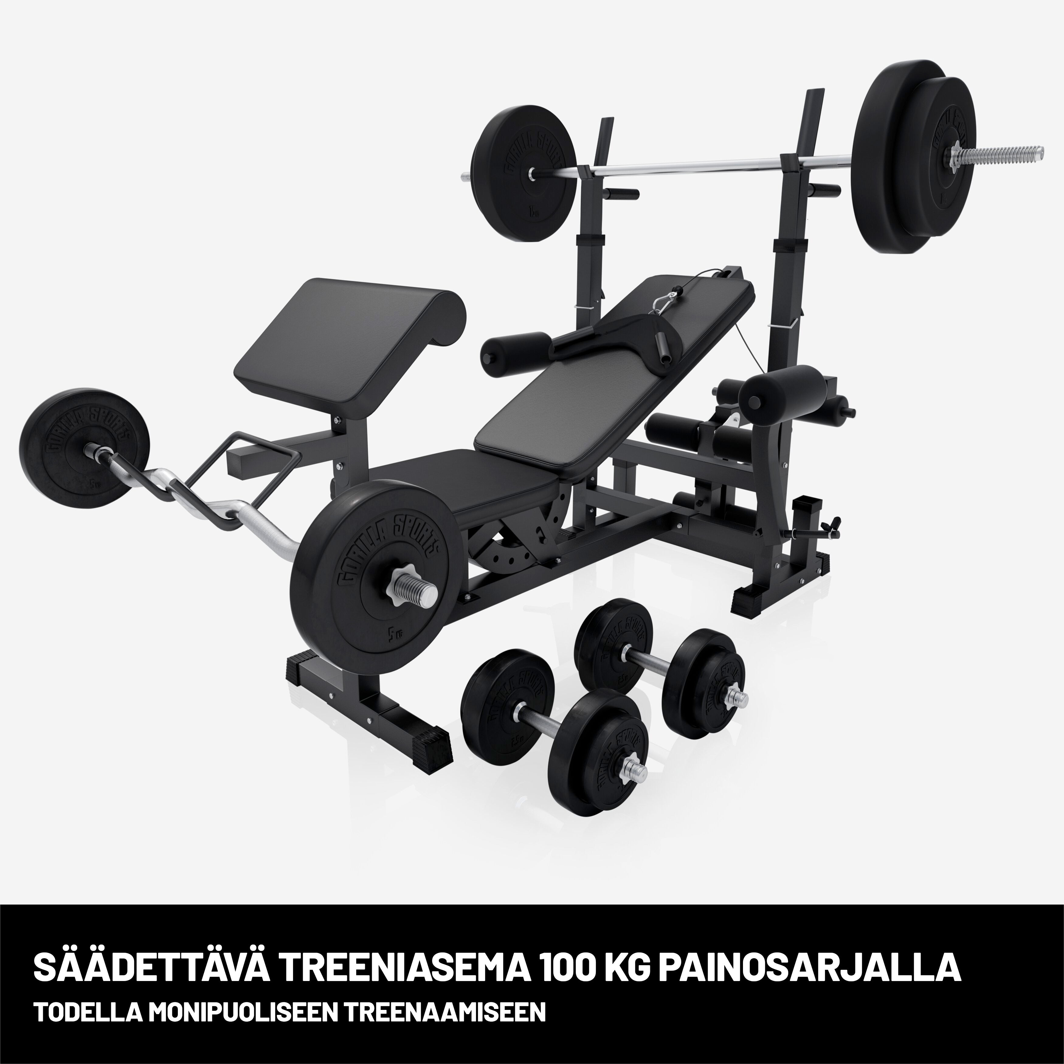 Monipuolinen Säädettävä Painonnostopenkki Black Edition + Painot Vinyylinen Levytankosarja 100kg