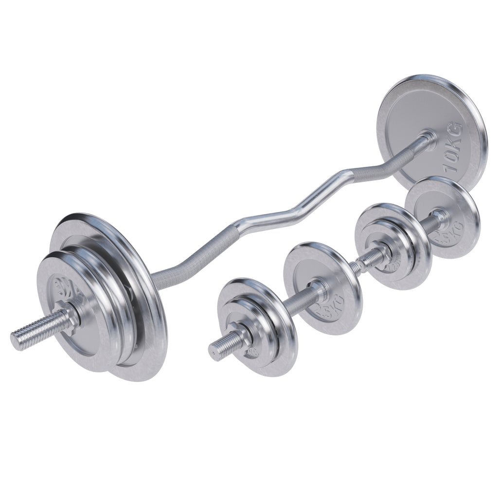 Levytankosarja 70kg / Kromatut Levypainot + EZ Kulmatanko 120cm Ja Käsipainotangot 35cm, Ø 30/31mm