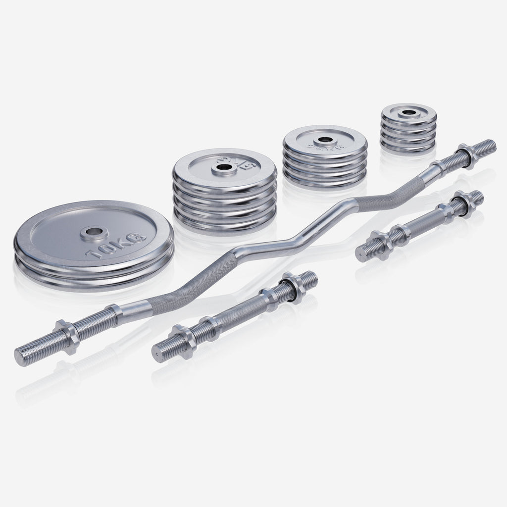 Levytankosarja 70kg / Kromatut Levypainot + EZ Kulmatanko 120cm Ja Käsipainotangot 35cm, Ø 30/31mm