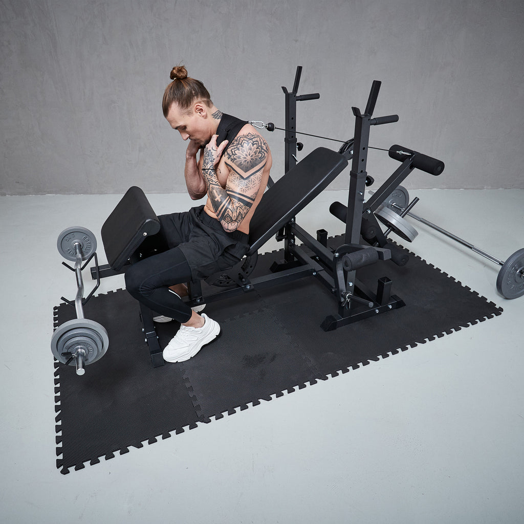 Monipuolinen Säädettävä Painonnostopenkki Musta + Valurautainen Levytankosarja 108kg