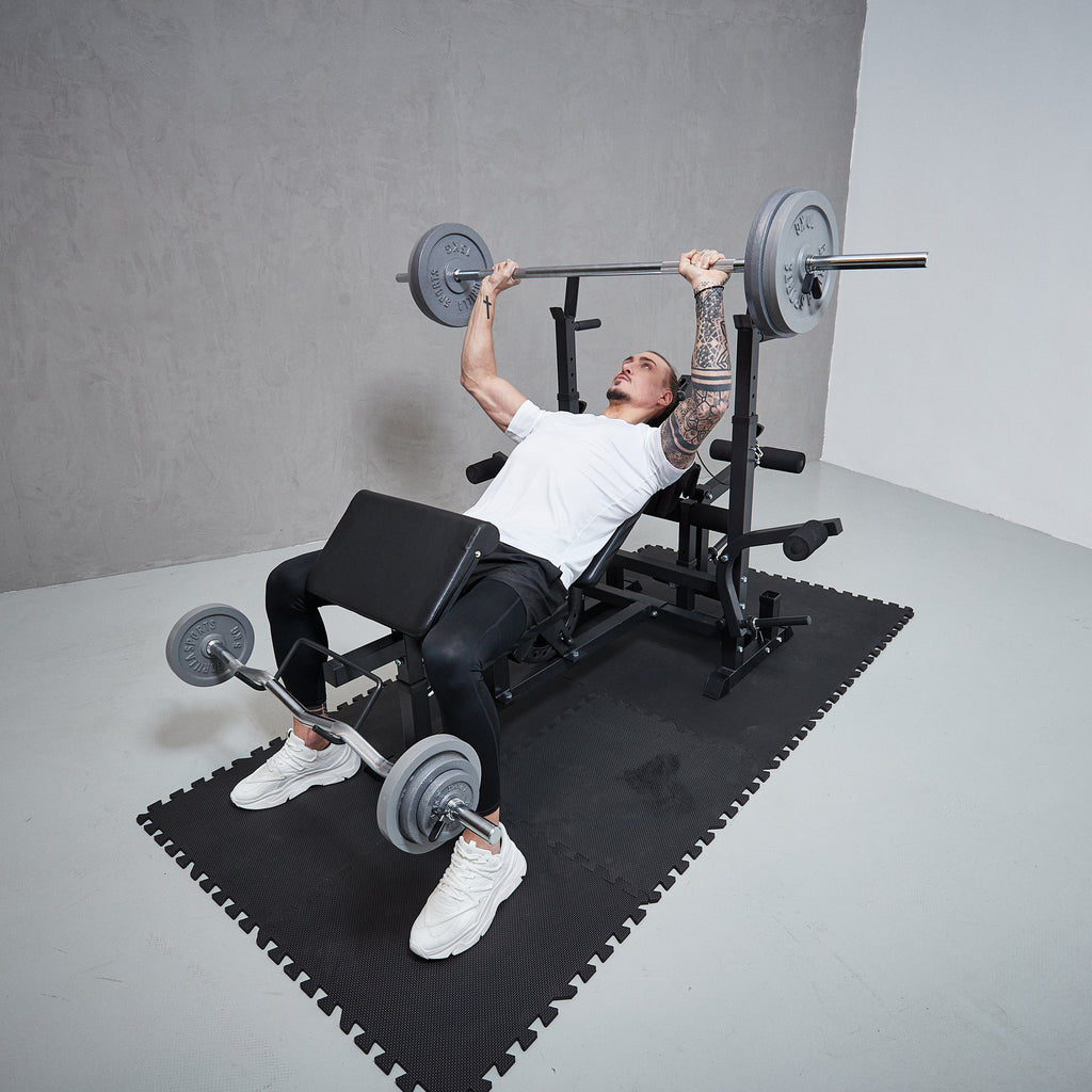 Monipuolinen Säädettävä Painonnostopenkki Musta + Valurautainen Levytankosarja 108kg