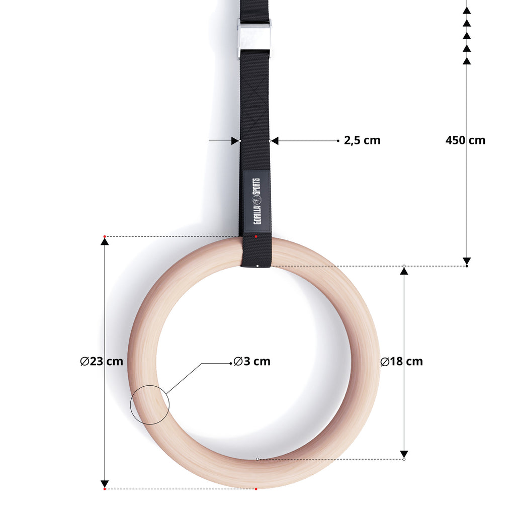 Puiset Voimistelurenkaat Ø 23cm, 450cm, Max. 200kg Puu/Nailon