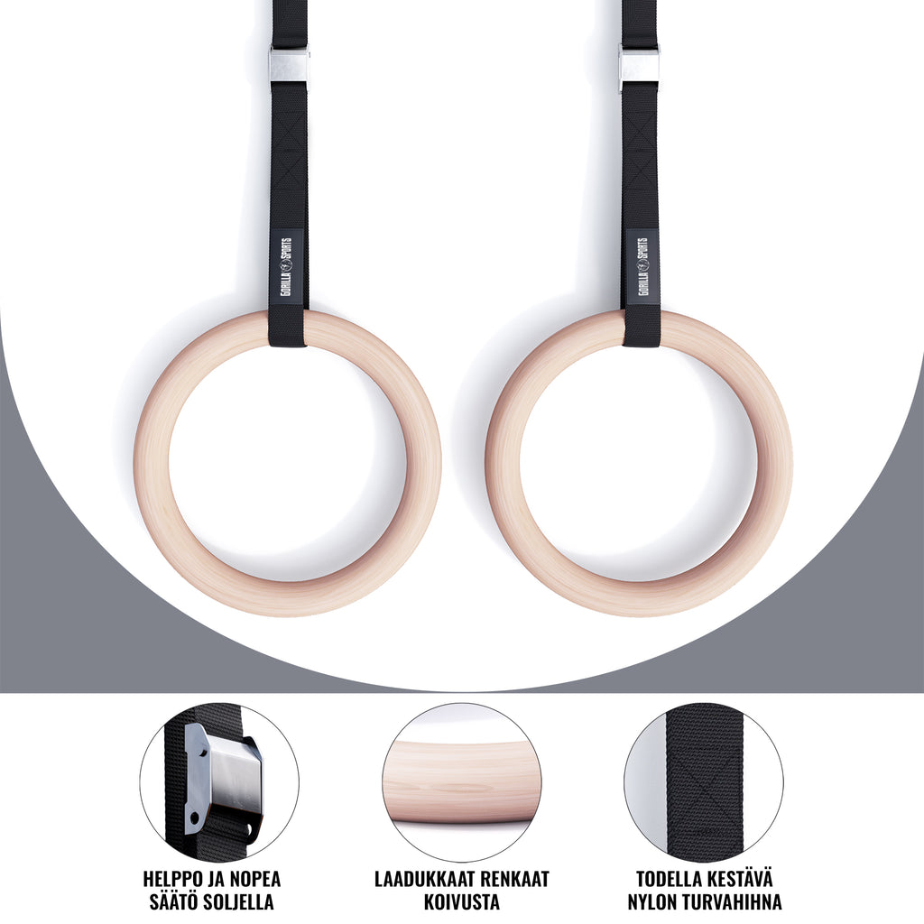 Puiset Voimistelurenkaat Ø 23cm, 450cm, Max. 200kg Puu/Nailon