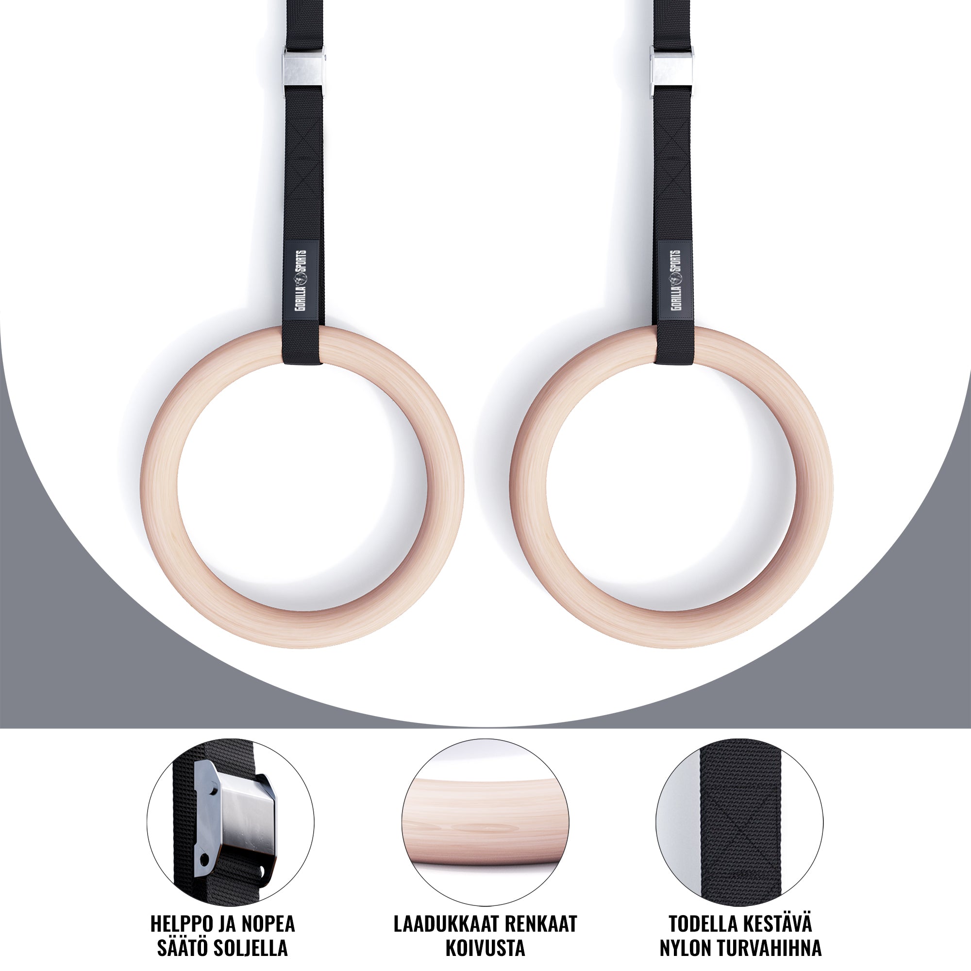 Puiset Voimistelurenkaat Ø 23cm, 450cm, Max. 200kg Puu/Nailon