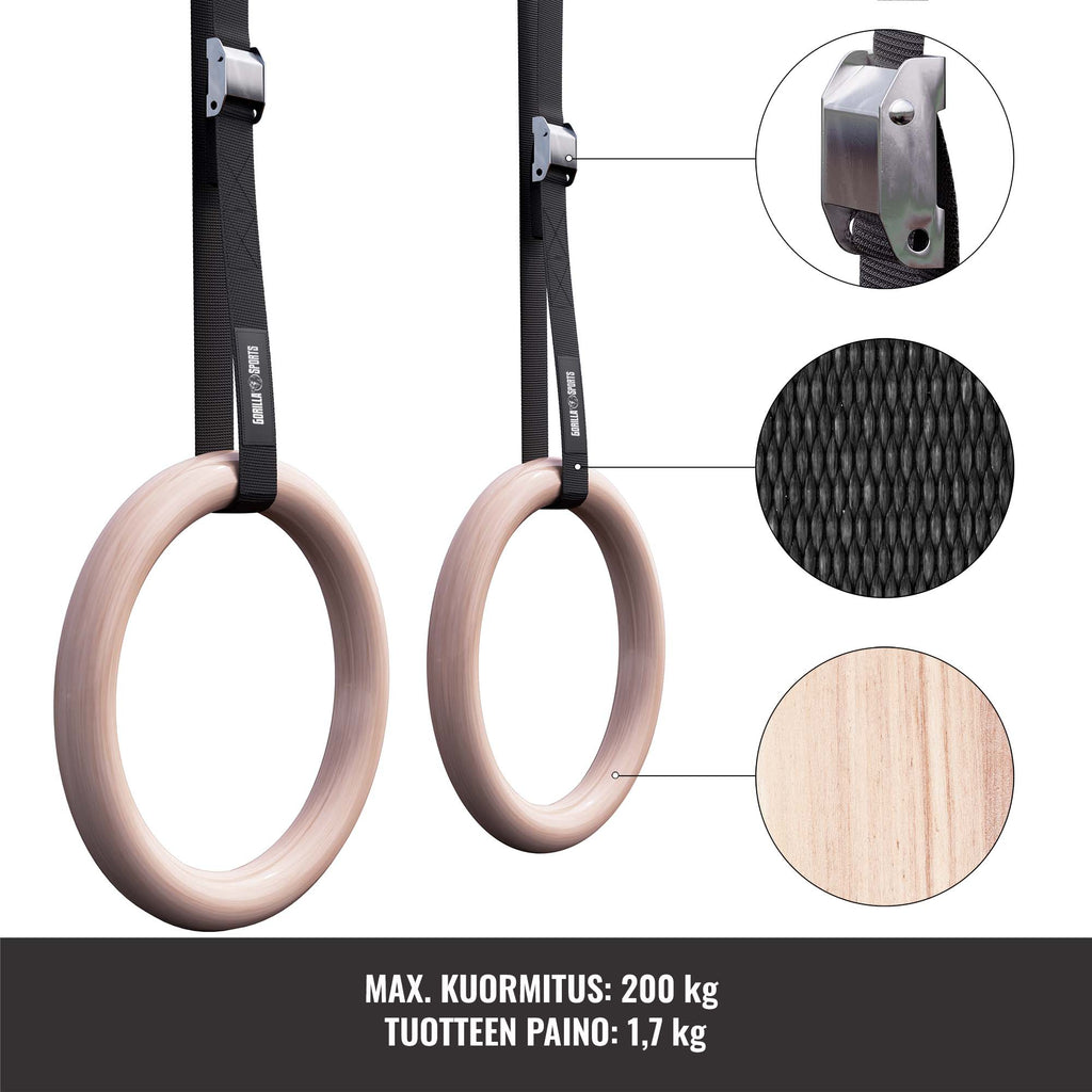 Puiset Voimistelurenkaat Ø 23cm, 450cm, Max. 200kg Puu/Nailon