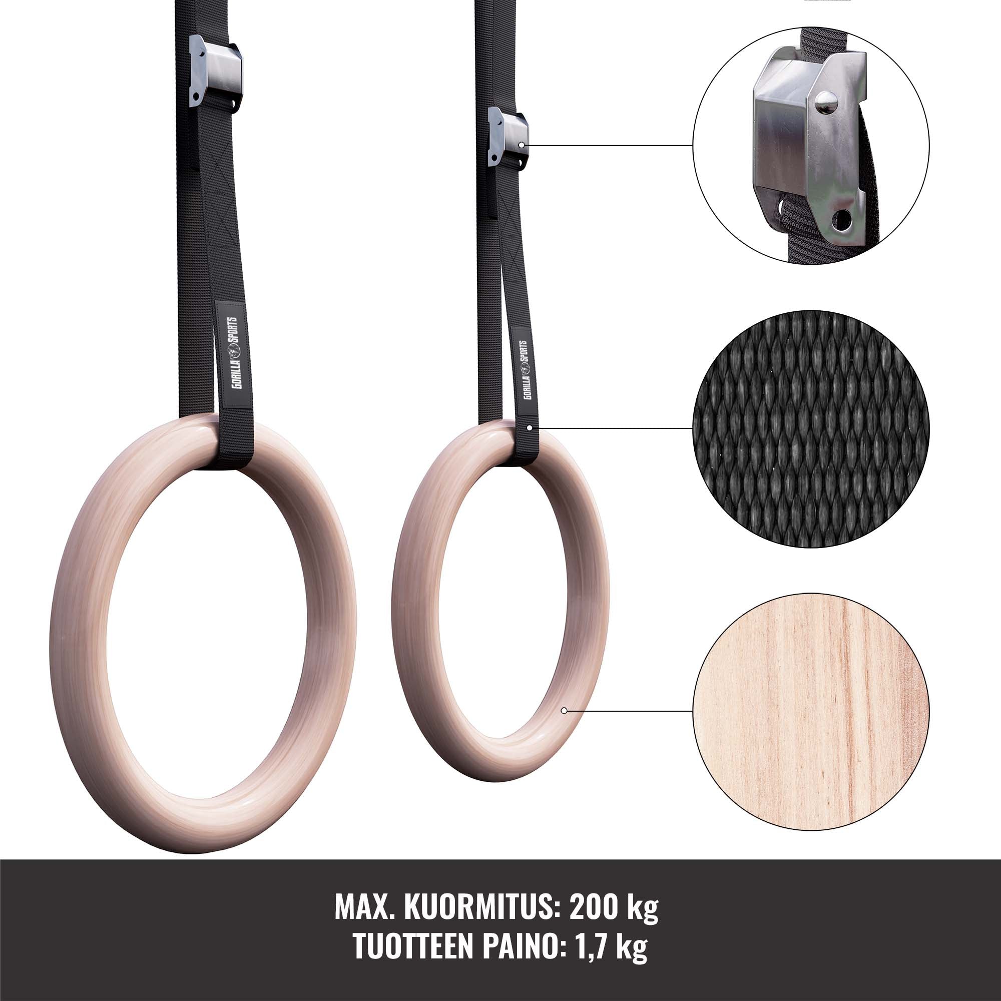 Puiset Voimistelurenkaat Ø 23cm, 450cm, Max. 200kg Puu/Nailon
