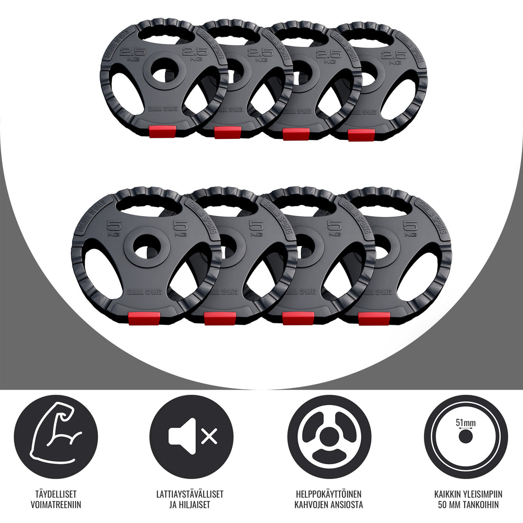 Tri Grip Painolevysarja 50/51 mm, 30 kg - 4 x 2,5 - 4 x 5 kg.
